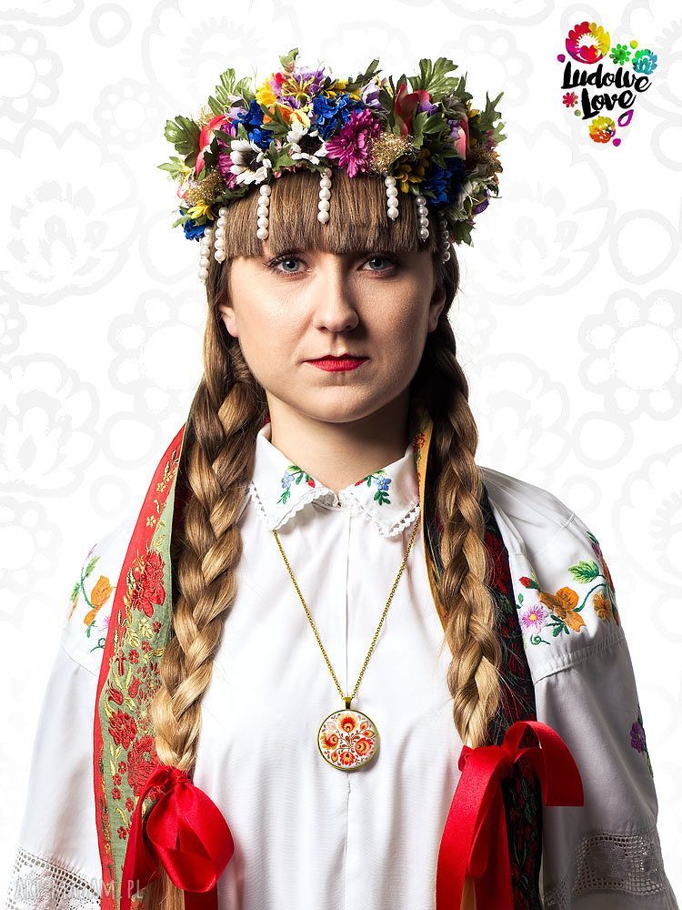 Medalion okrągły Jesienny Folk - naszyjnik z kwiatami łowickimi