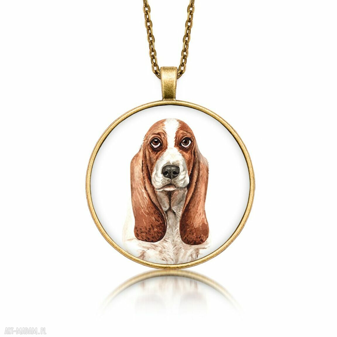 Ręcznie robiony medalion okrągły Basset Hound - naszyjnik z grafiką w szkle |