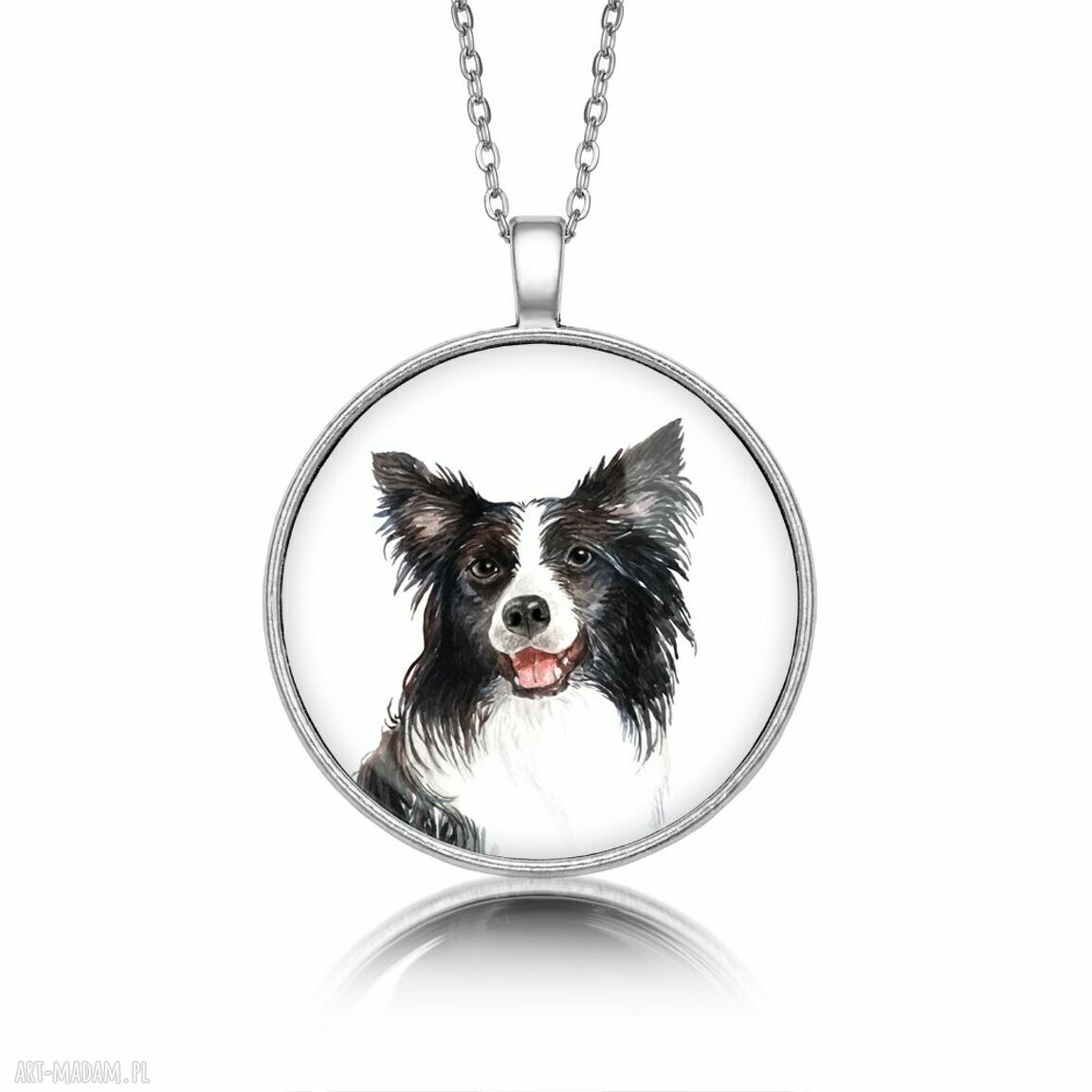 Okrągły medalion Border Collie - naszyjnik ręcznie robiony z grafiką pod szkiełkiem
