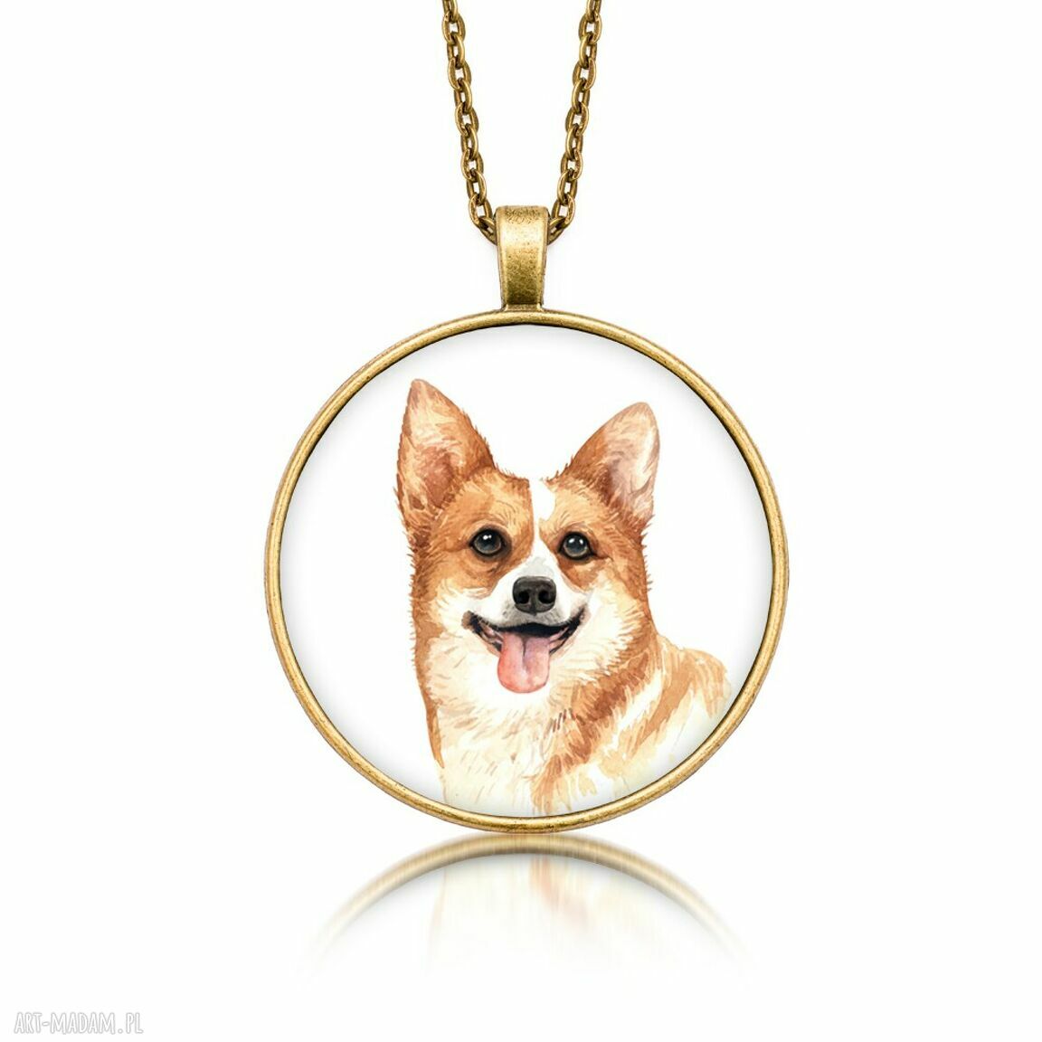 Okrągły medalion z grafiką Welsh Corgi - ręcznie robiony naszyjnik antyczne złoto
