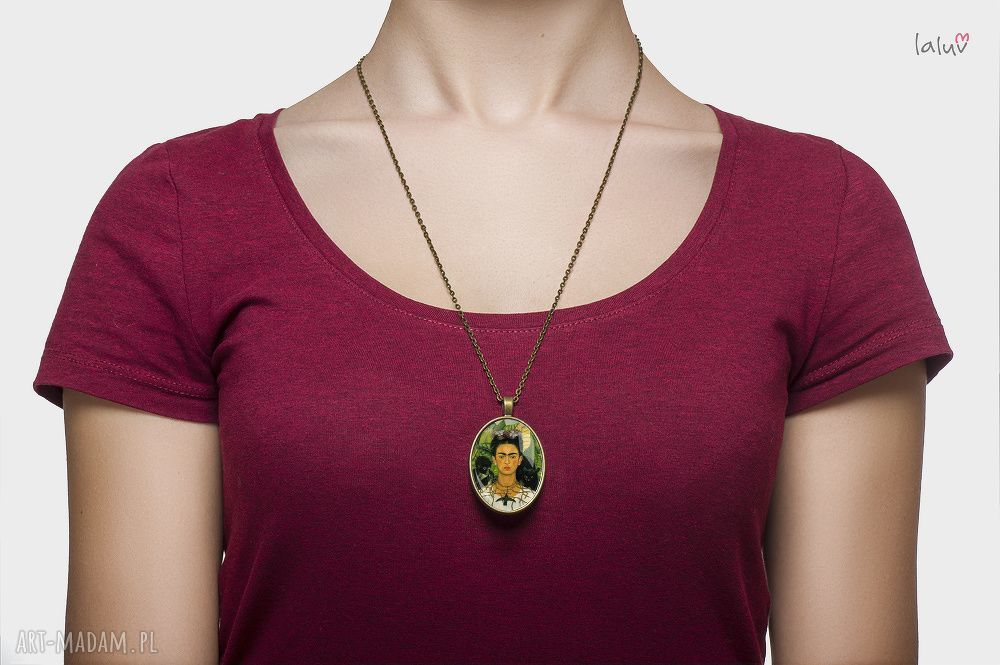 Medalion owalny FRIDA KAHLO - ręcznie robiony naszyjnik z grafiką pod szkiełkiem