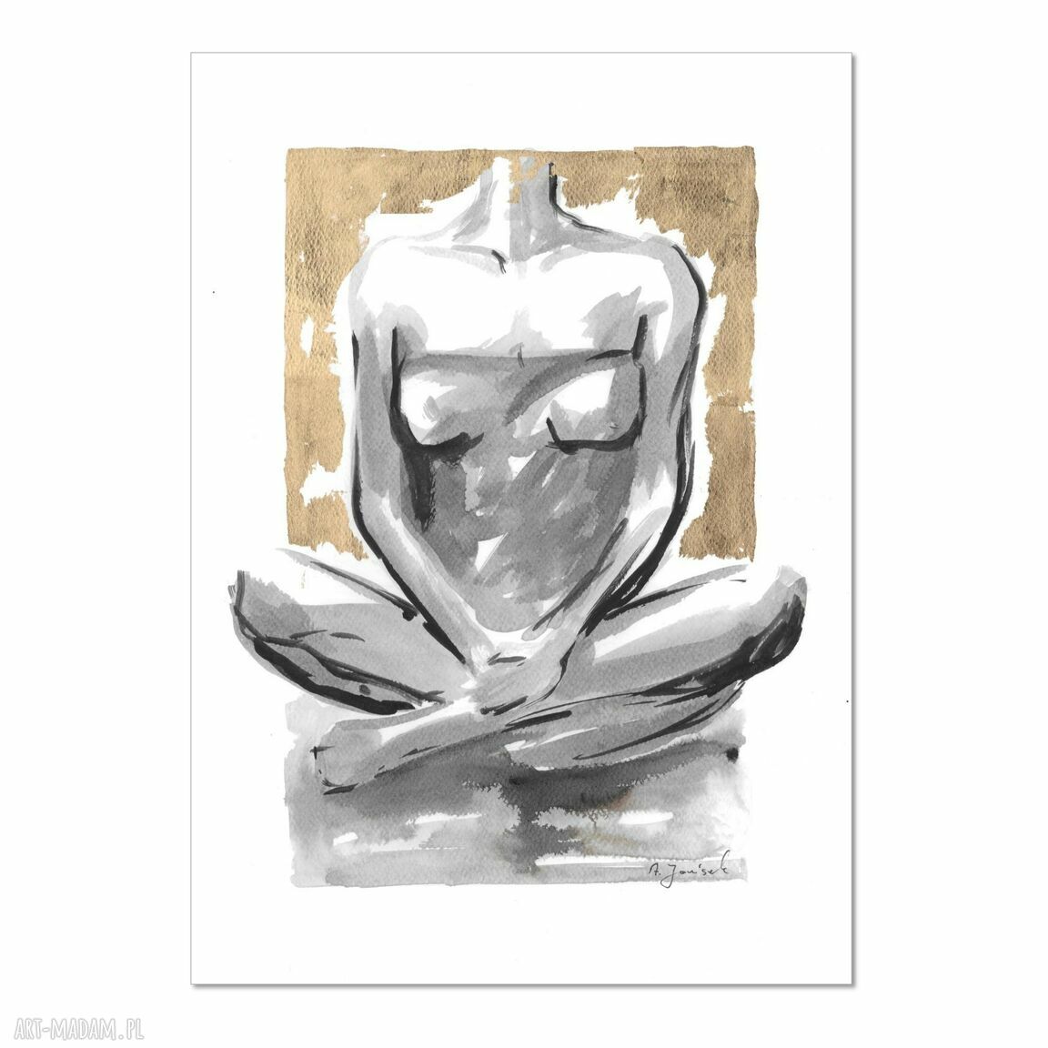Grafika „Medytacja” 30x42 cm - ręcznie malowana i złocona