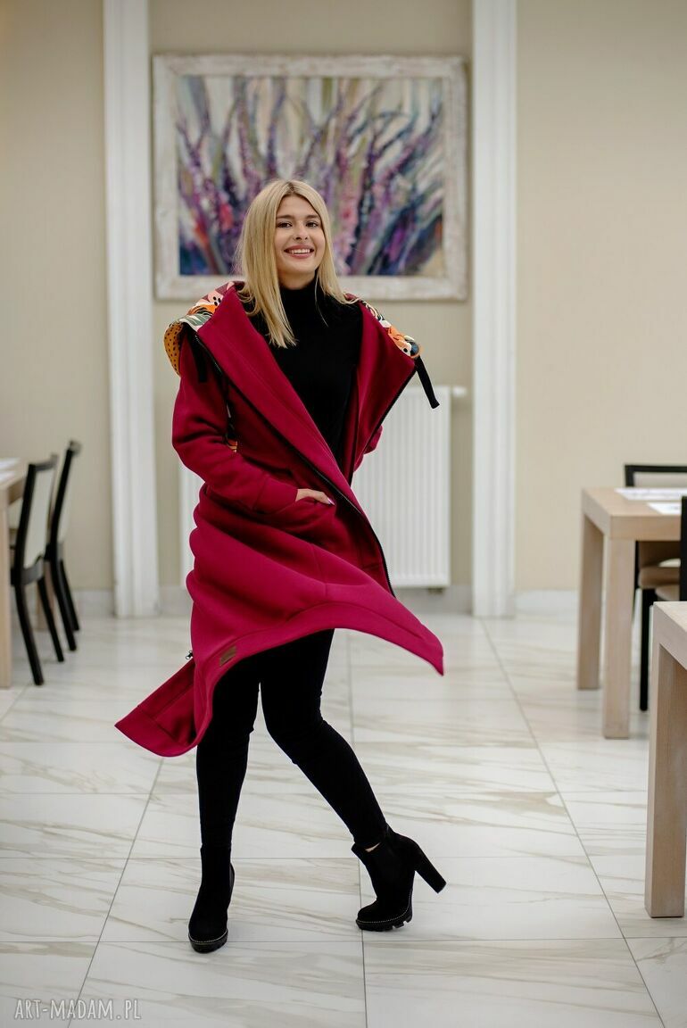 płaszcze: Mega długa bluza bordowy ręcznie robione