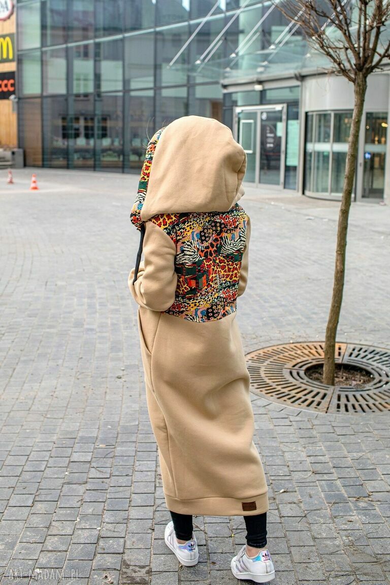 Mega długa bluza Kenia z kapturem - ręcznie robiona kurtka w printy