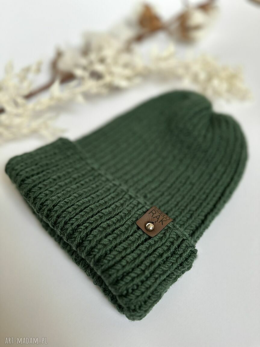 Czapka merino z wywinięciem - leśna zieleń - naturalne materiały