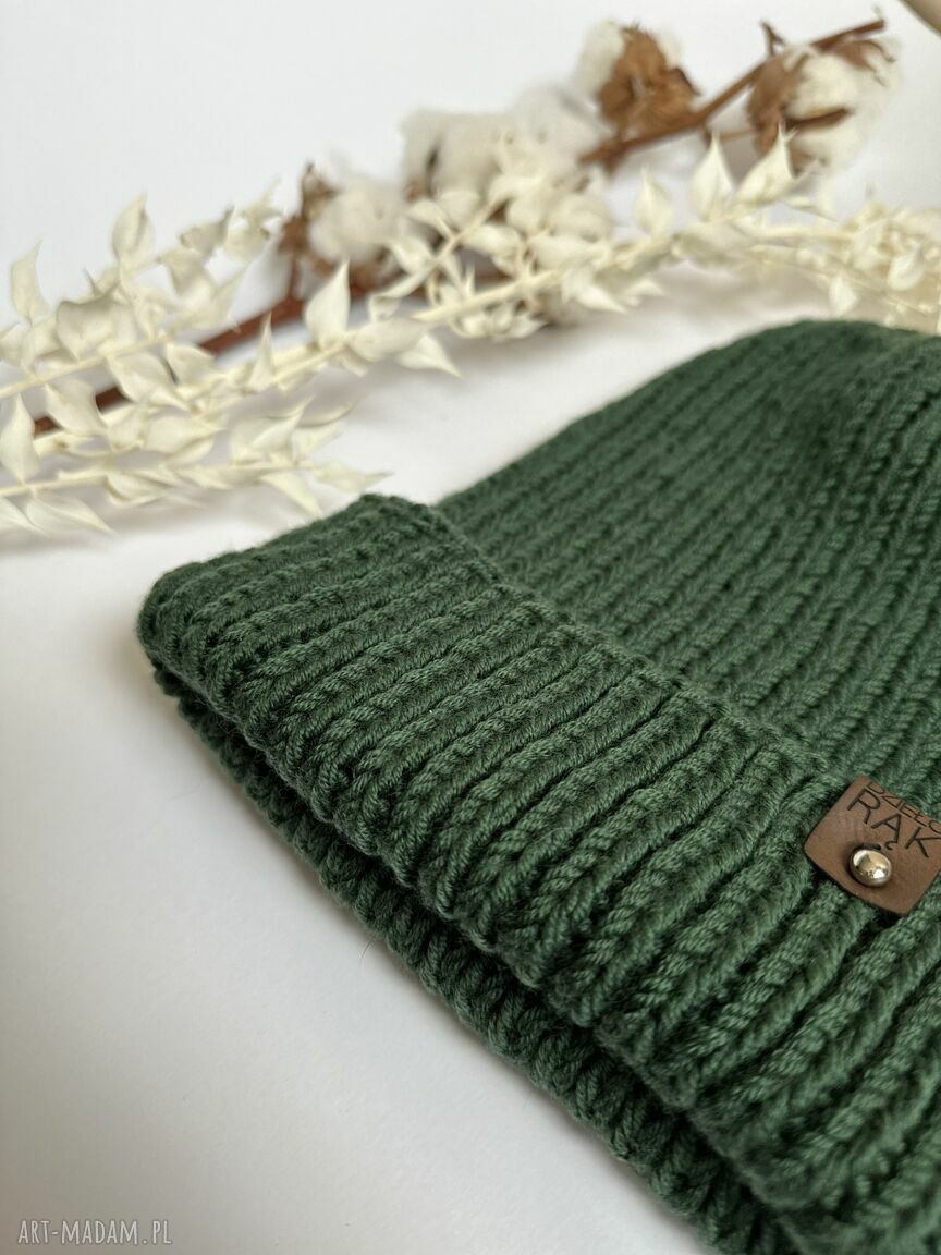 Czapka merino z wywinięciem - leśna zieleń - naturalne materiały