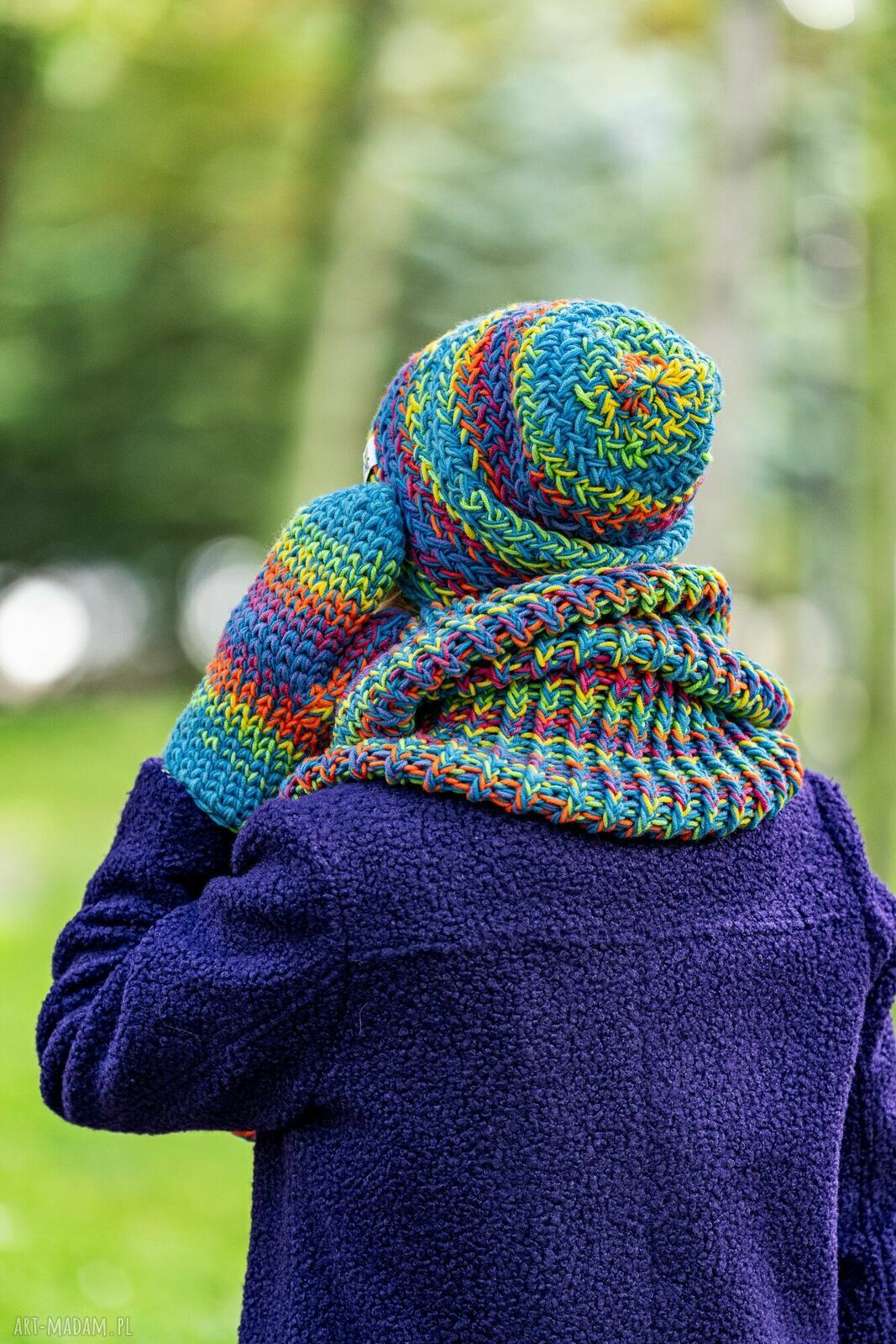 Czapka merino 50% Tęcza Błękit Explorer - ręcznie robiona, luźna i ciepła