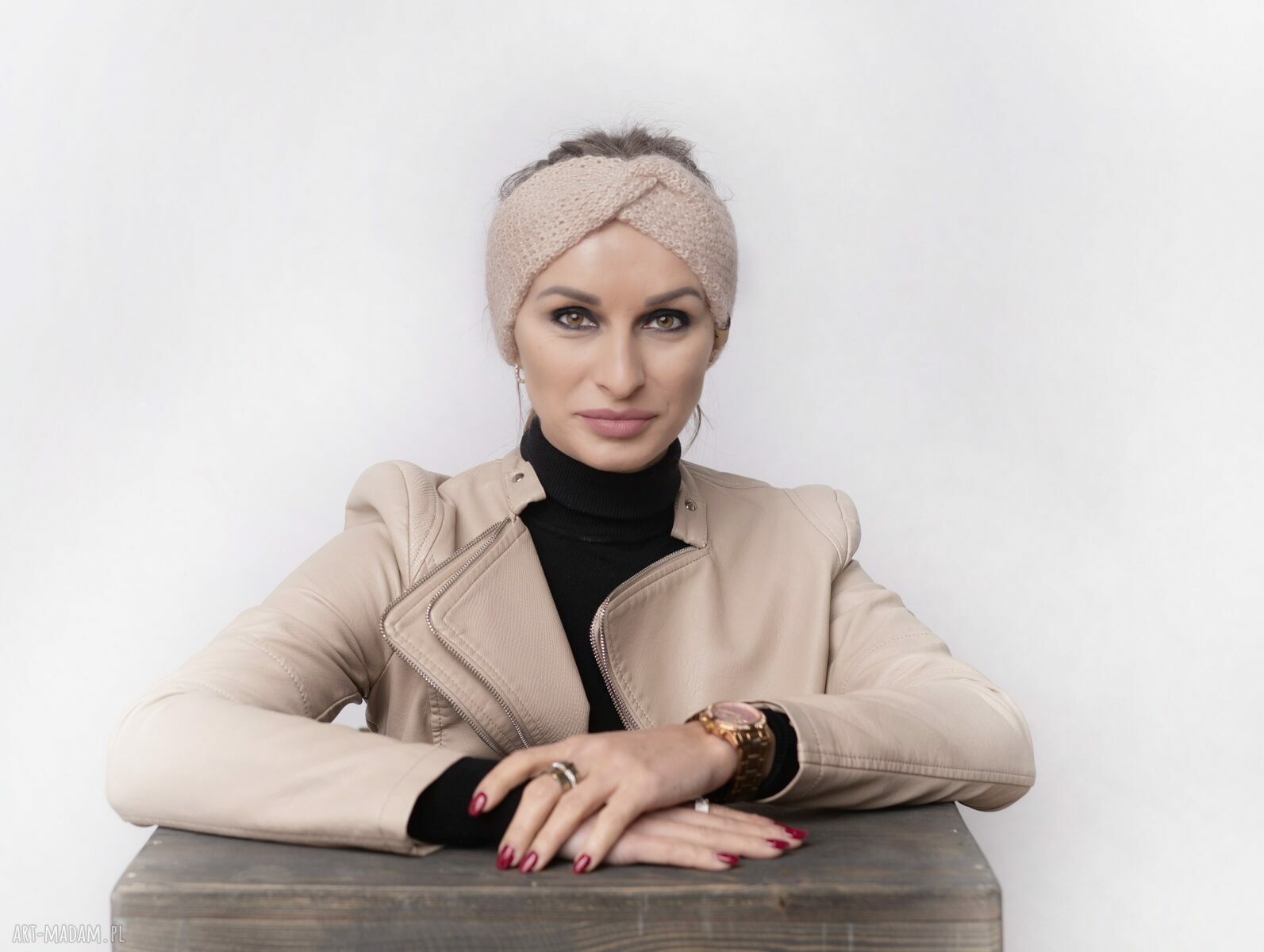 Opaska merino i baby alpaka w pudrowym różu i jasnym beżu - oversize
