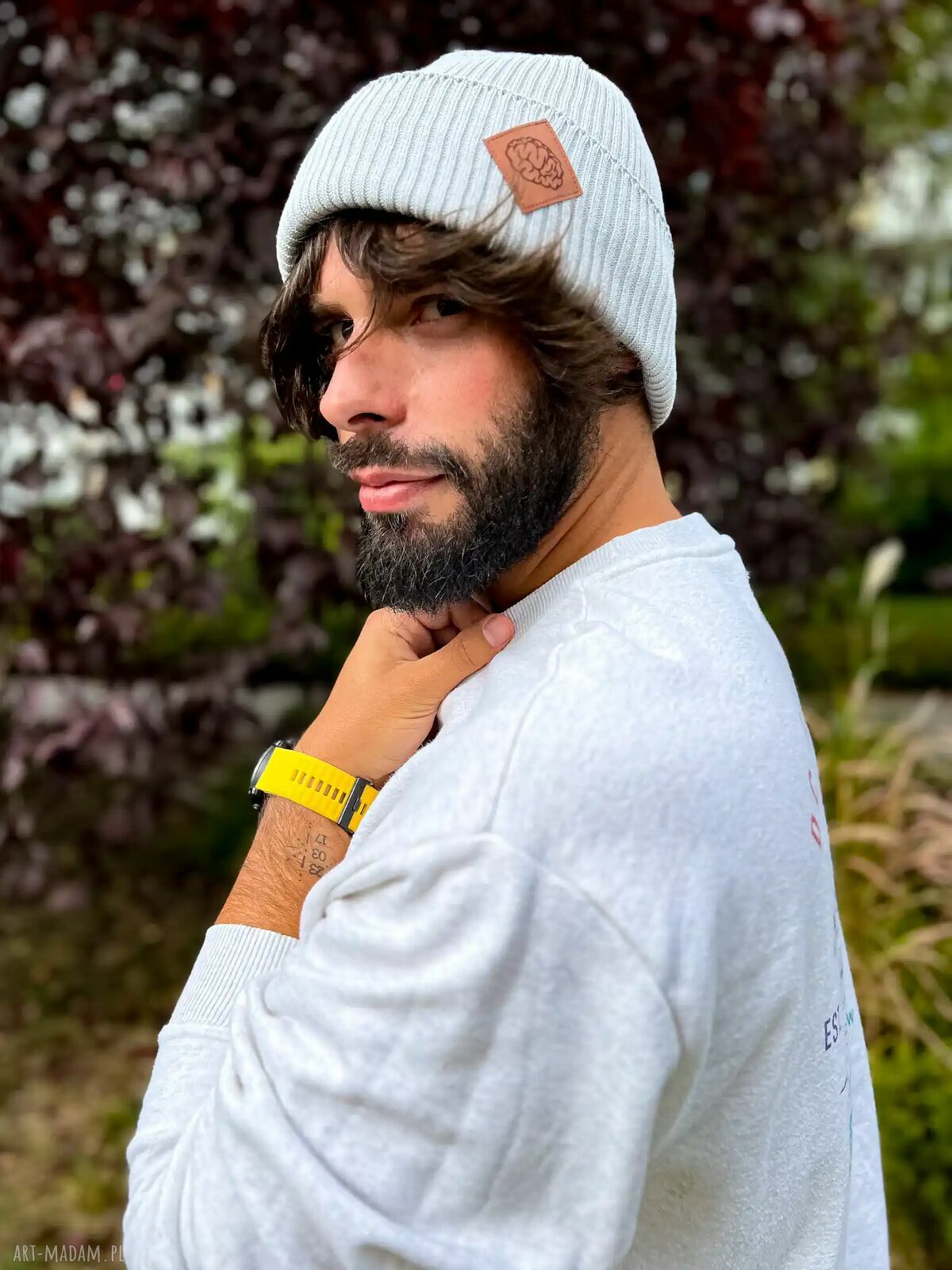 Męska bawełniana czapka beanie 2w1 - jasny szary z logo ekoskórki