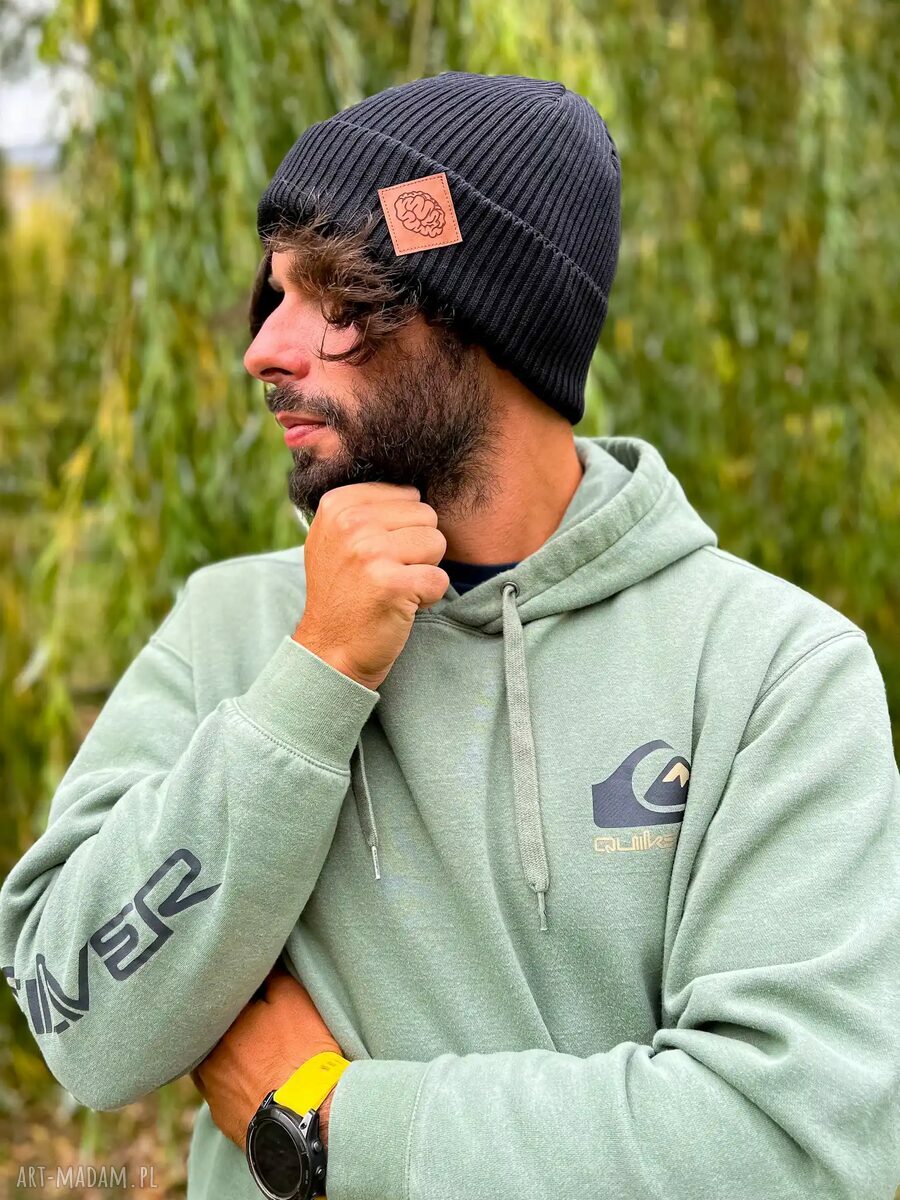 Czarna bawełniana czapka beanie 2w1 z logo ekoskórka Brain Inside