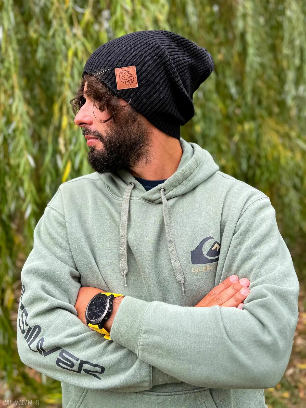 Męska bawełniana czapka jesienna Brain Inside „Czarny” z logo z ekoskóry