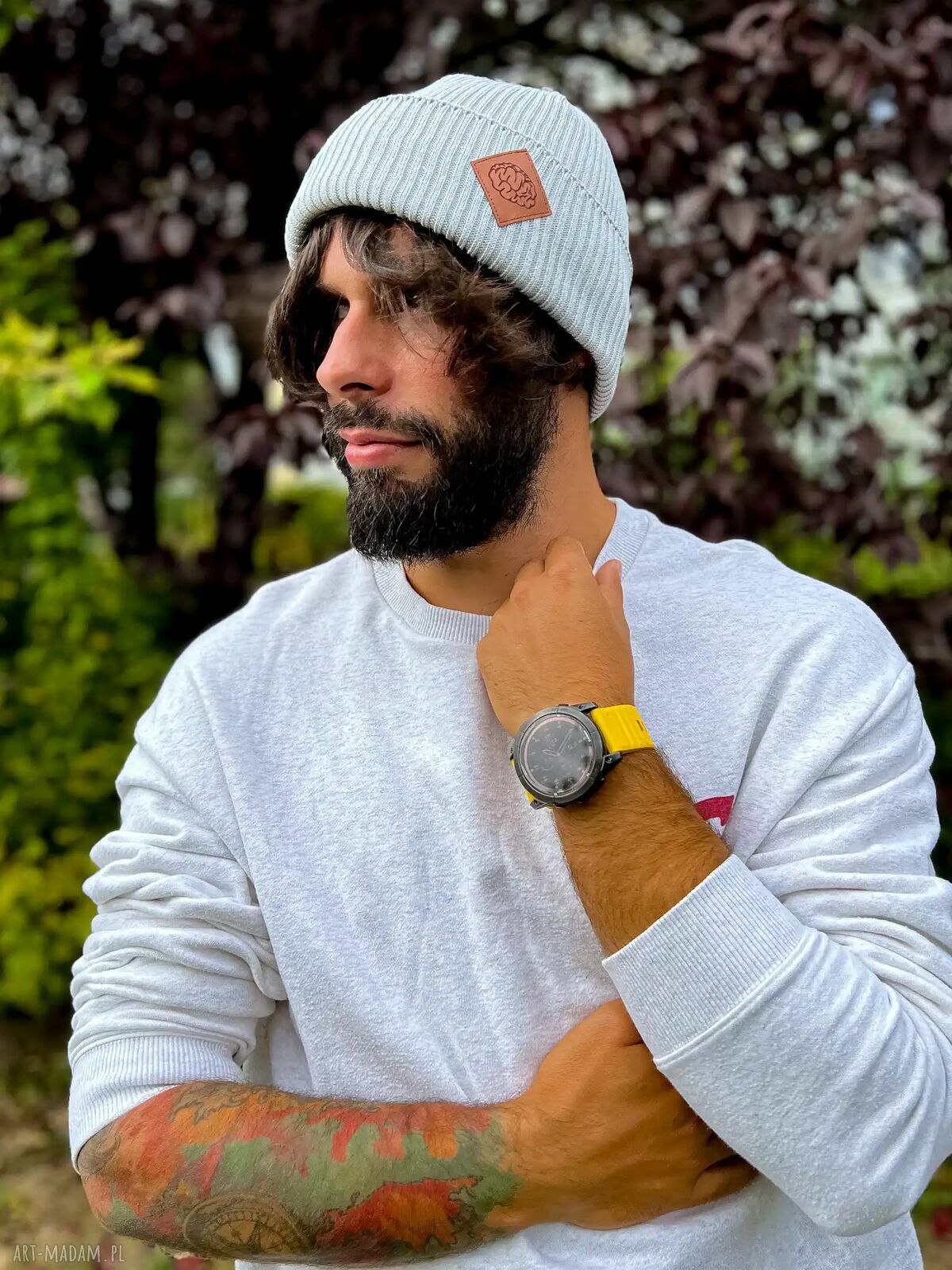 Męska bawełniana czapka beanie 2w1 - jasny szary z logo ekoskórki