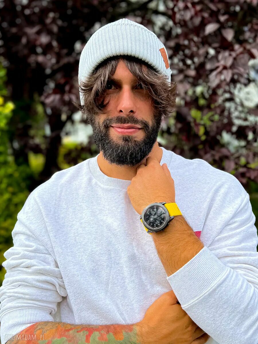 Męska bawełniana czapka beanie 2w1 - jasny szary z logo ekoskórki