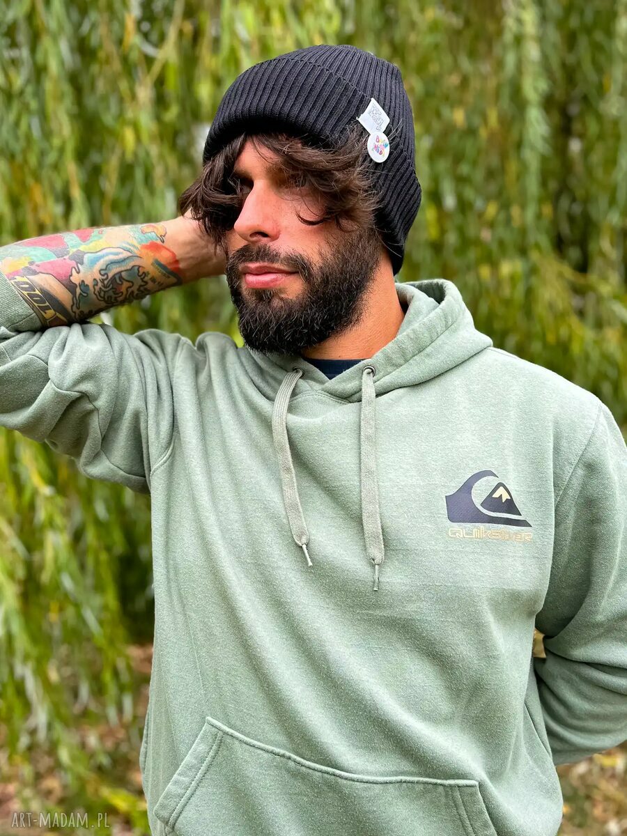 Czapka beanie z bawełny - czarna z kolorowym logo (2w1)