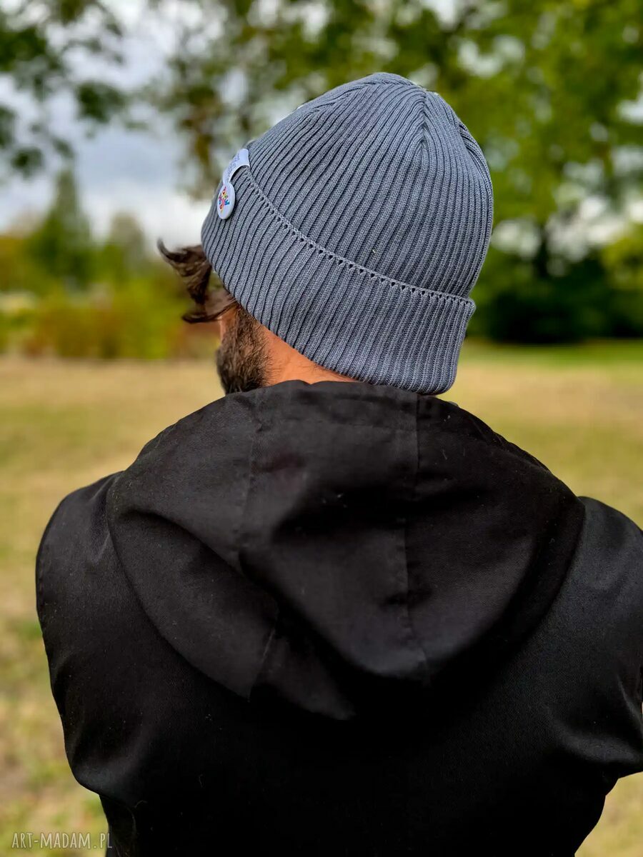 Męska czapka beanie z bawełny z kolorowym logo - ciemny szary