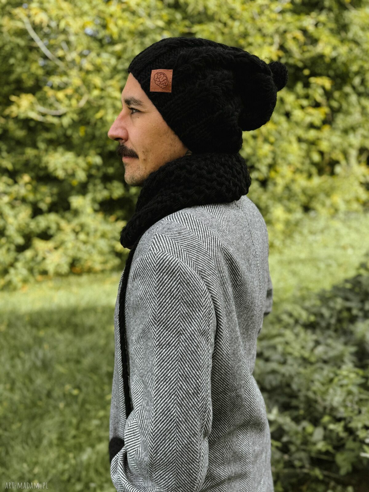 Męska czapka MERINO Smile "Czarny" z podszewką z jedwabiu