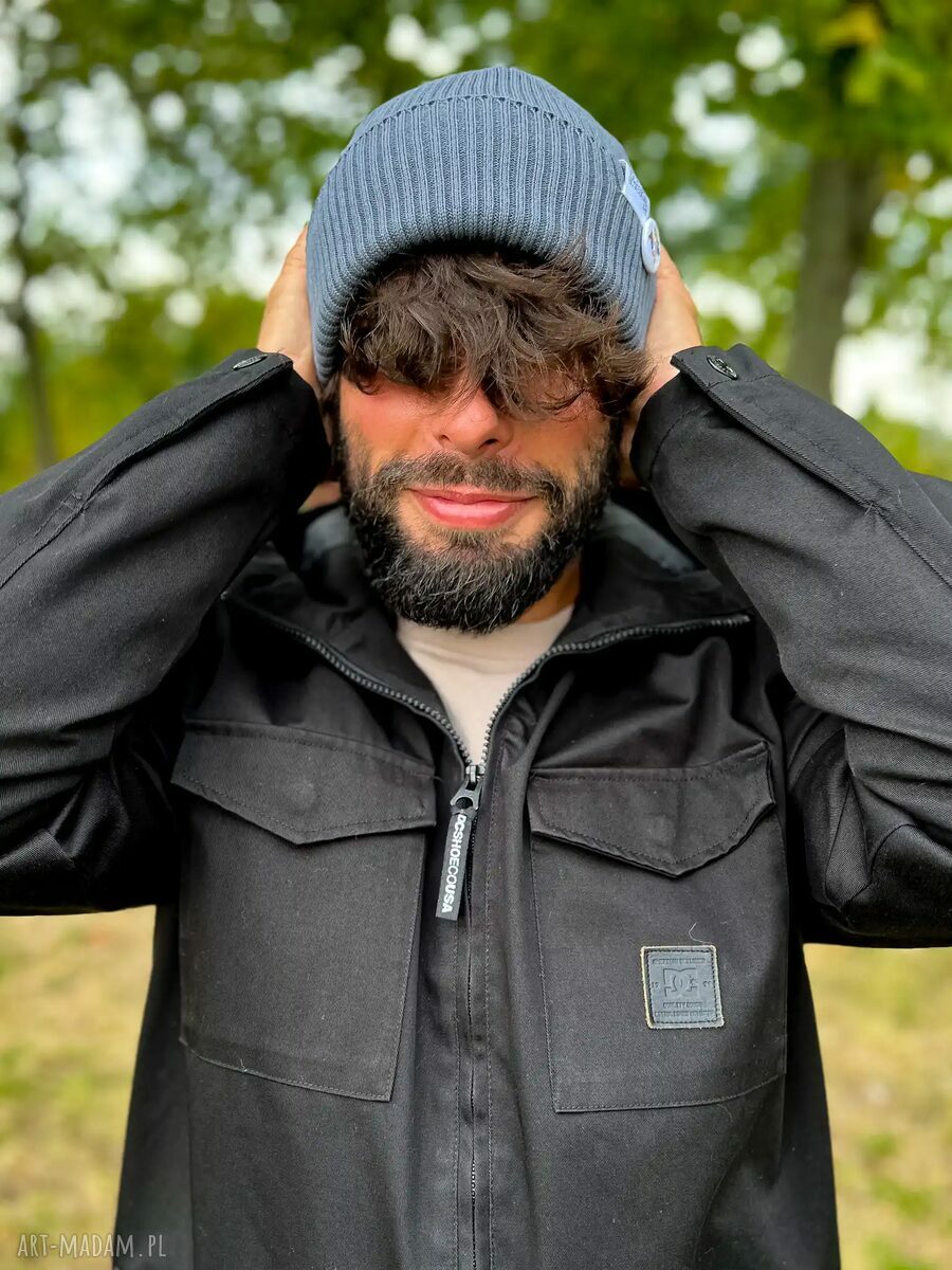 Męska czapka beanie z bawełny z kolorowym logo - ciemny szary
