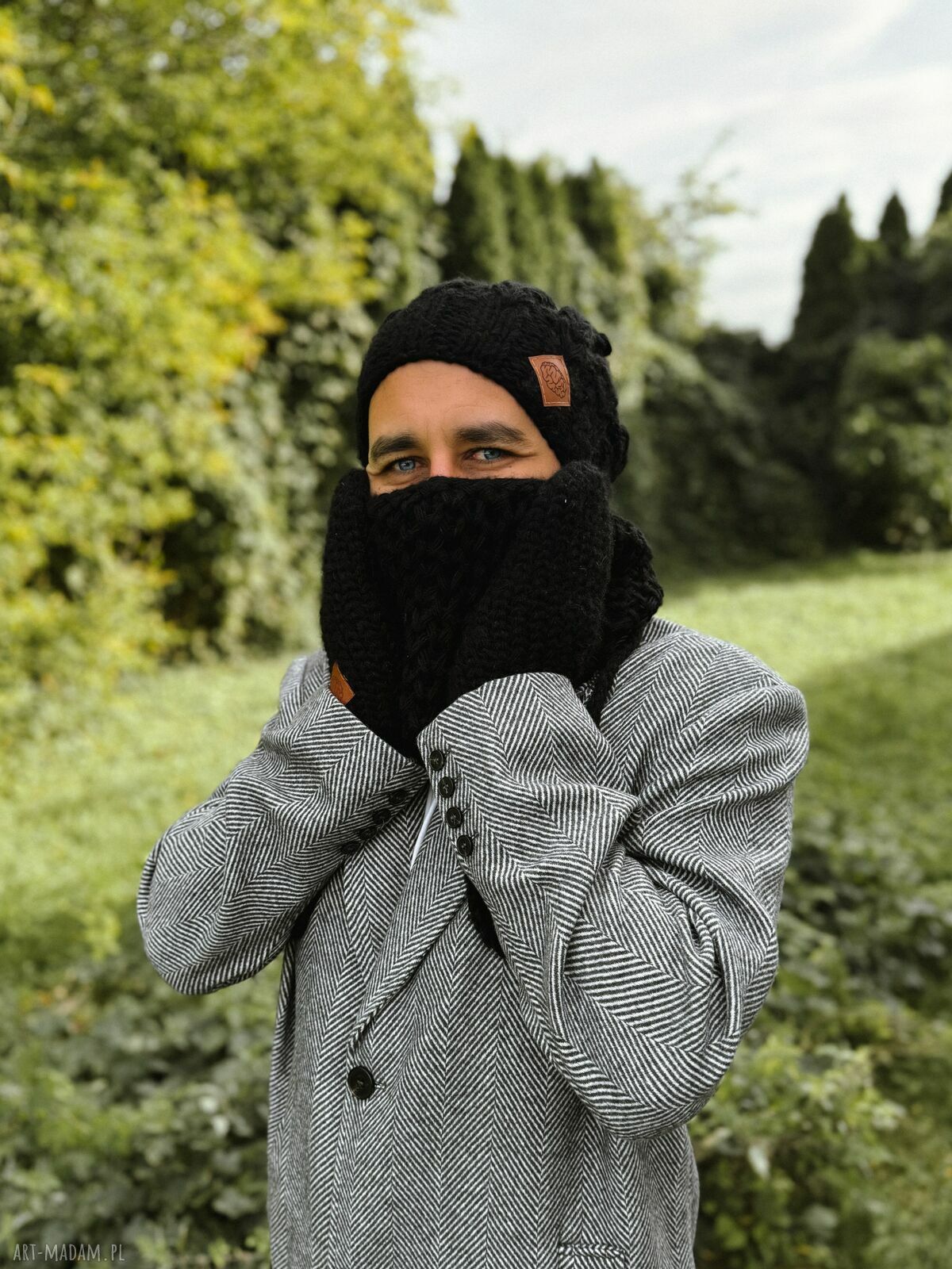 Męska czapka MERINO Smile "Czarny" z podszewką z jedwabiu