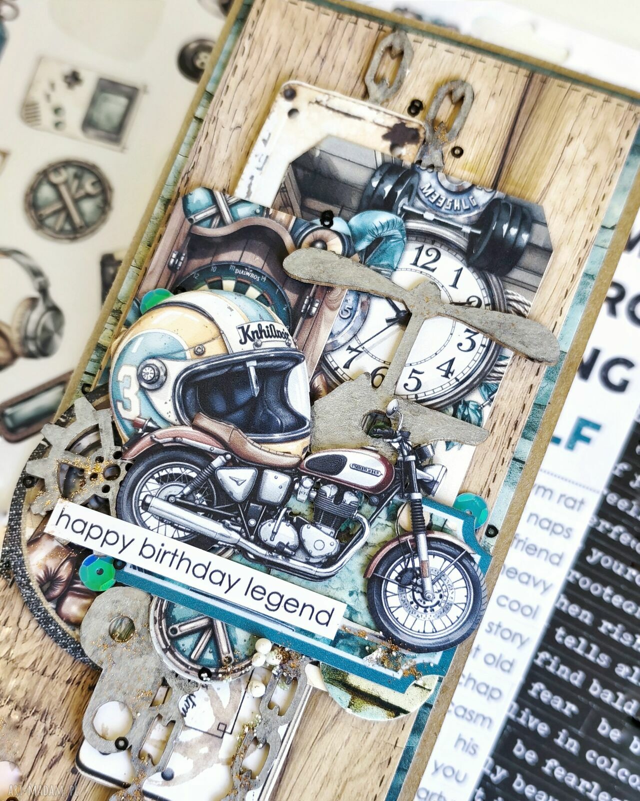 Kartka męska dla miłośników motocykli - ręcznie robiona na urodziny z koronką i kwiatkami