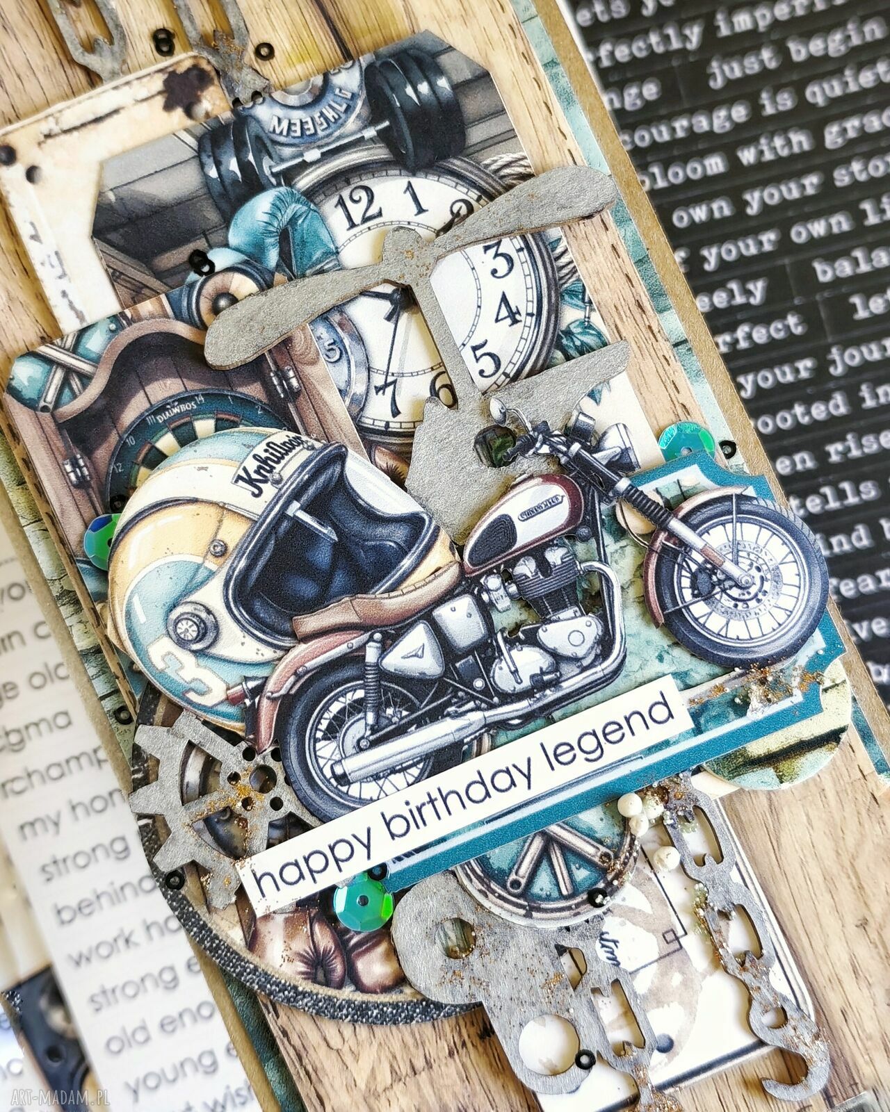 Kartka męska dla miłośników motocykli - ręcznie robiona na urodziny z koronką i kwiatkami