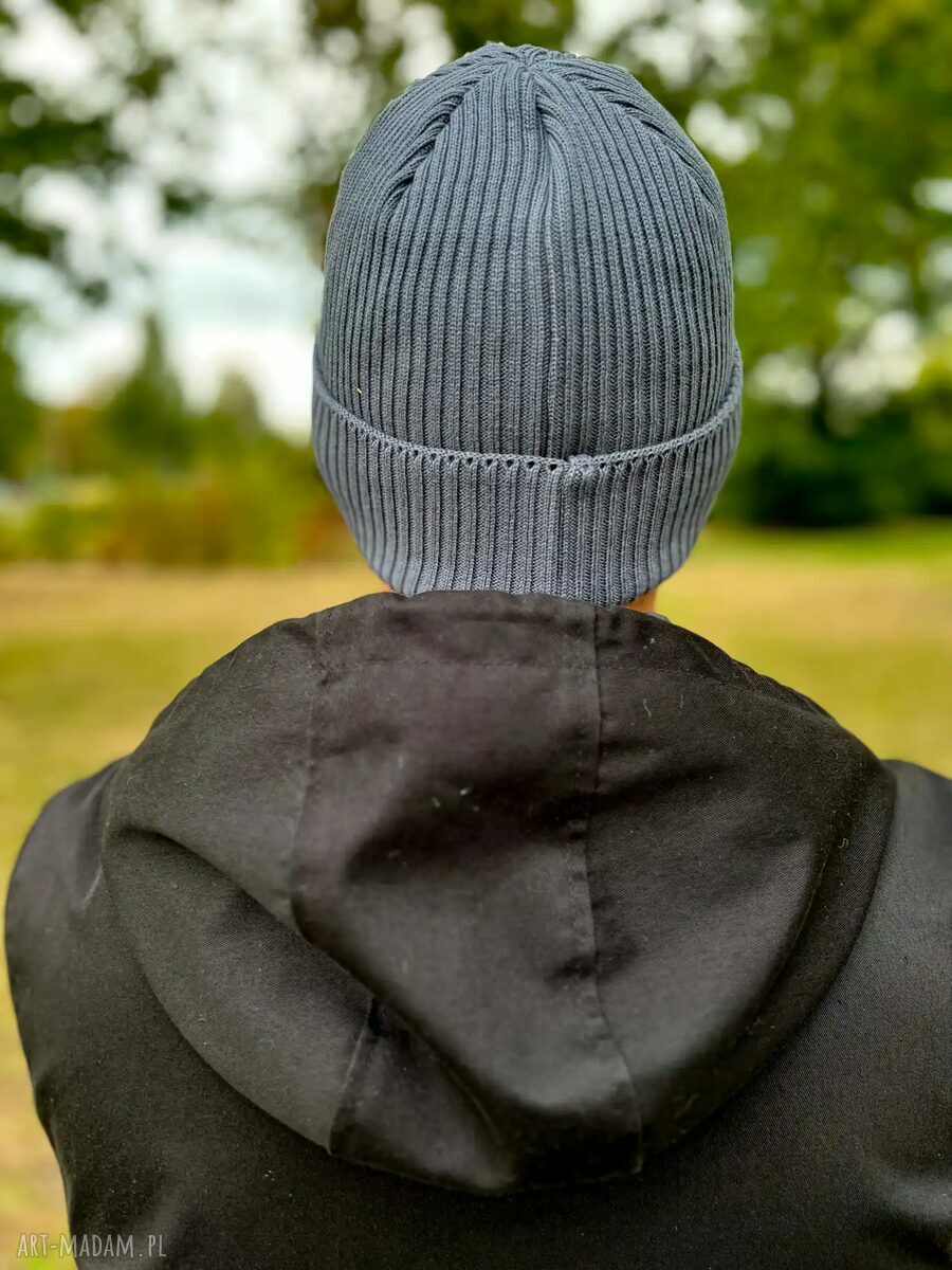 Męska czapka beanie z bawełny z kolorowym logo - ciemny szary