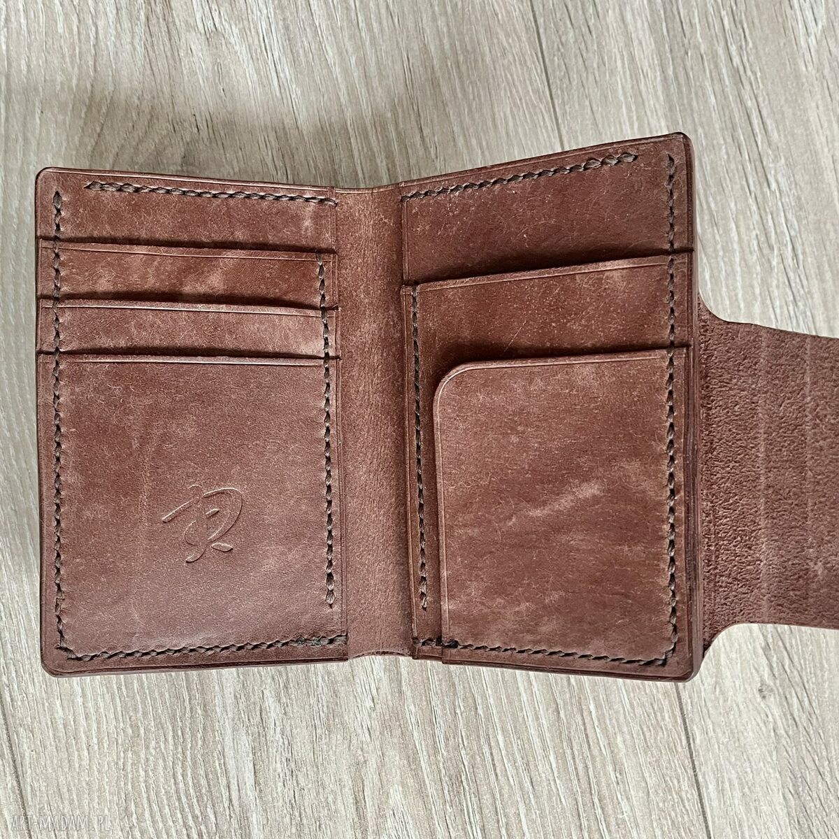 portfele: Męski brązowy portfel ze skóry na bilon ręcznie uszyty. autorskie