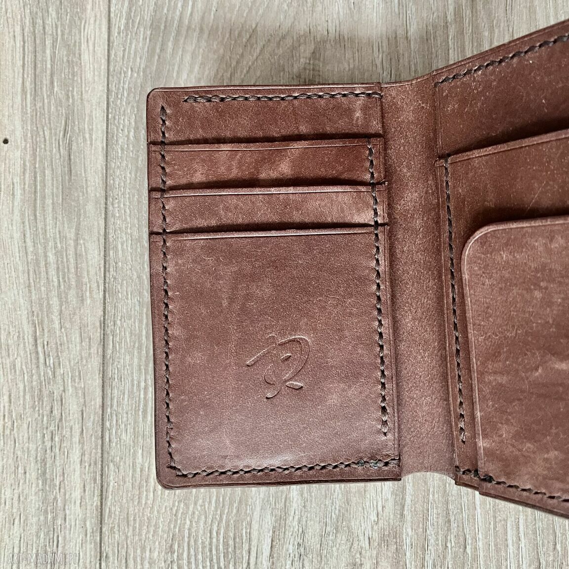 portfele: Męski brązowy portfel ze skóry na bilon ręcznie uszyty. autorskie