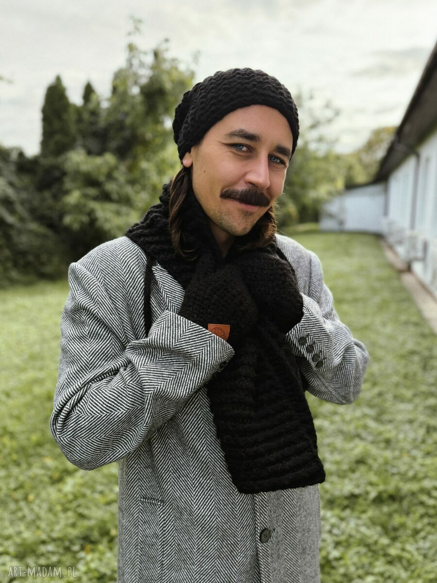 Męski komin MERINO “Czarny” Brain Inside - miękki, ciepły i handmade na drutach