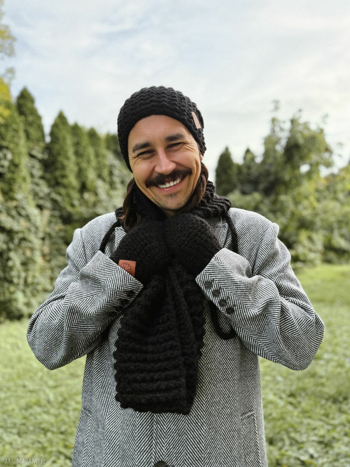 Męski komin MERINO “Czarny” Brain Inside - miękki, ciepły i handmade na drutach