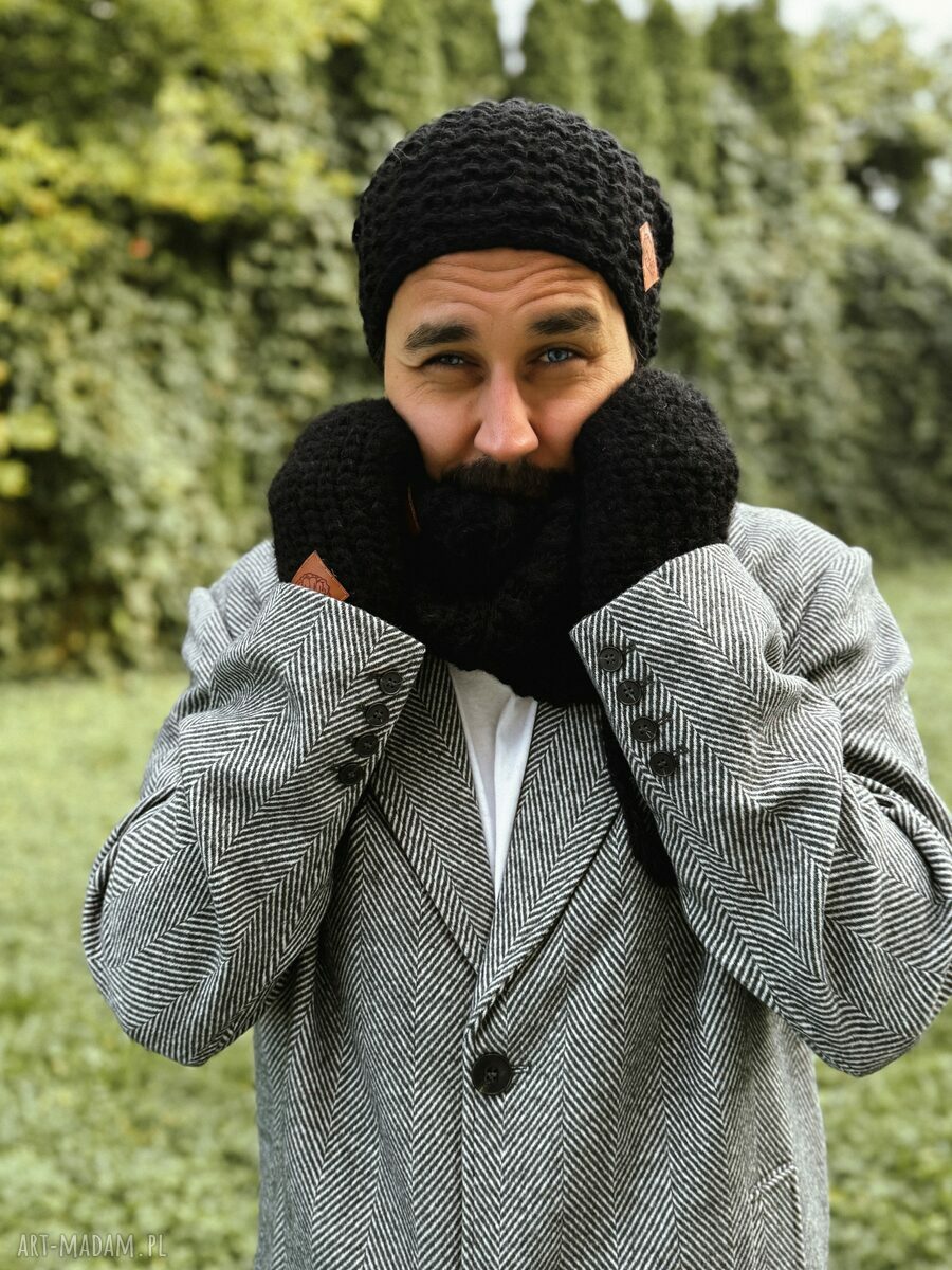 Męski komin MERINO “Czarny” Brain Inside - miękki, ciepły i handmade na drutach