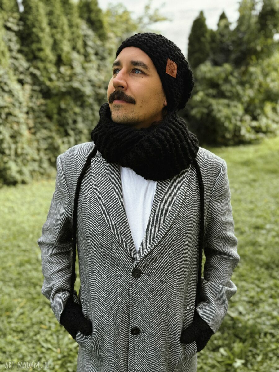 Męski komin MERINO “Czarny” Brain Inside - miękki, ciepły i handmade na drutach