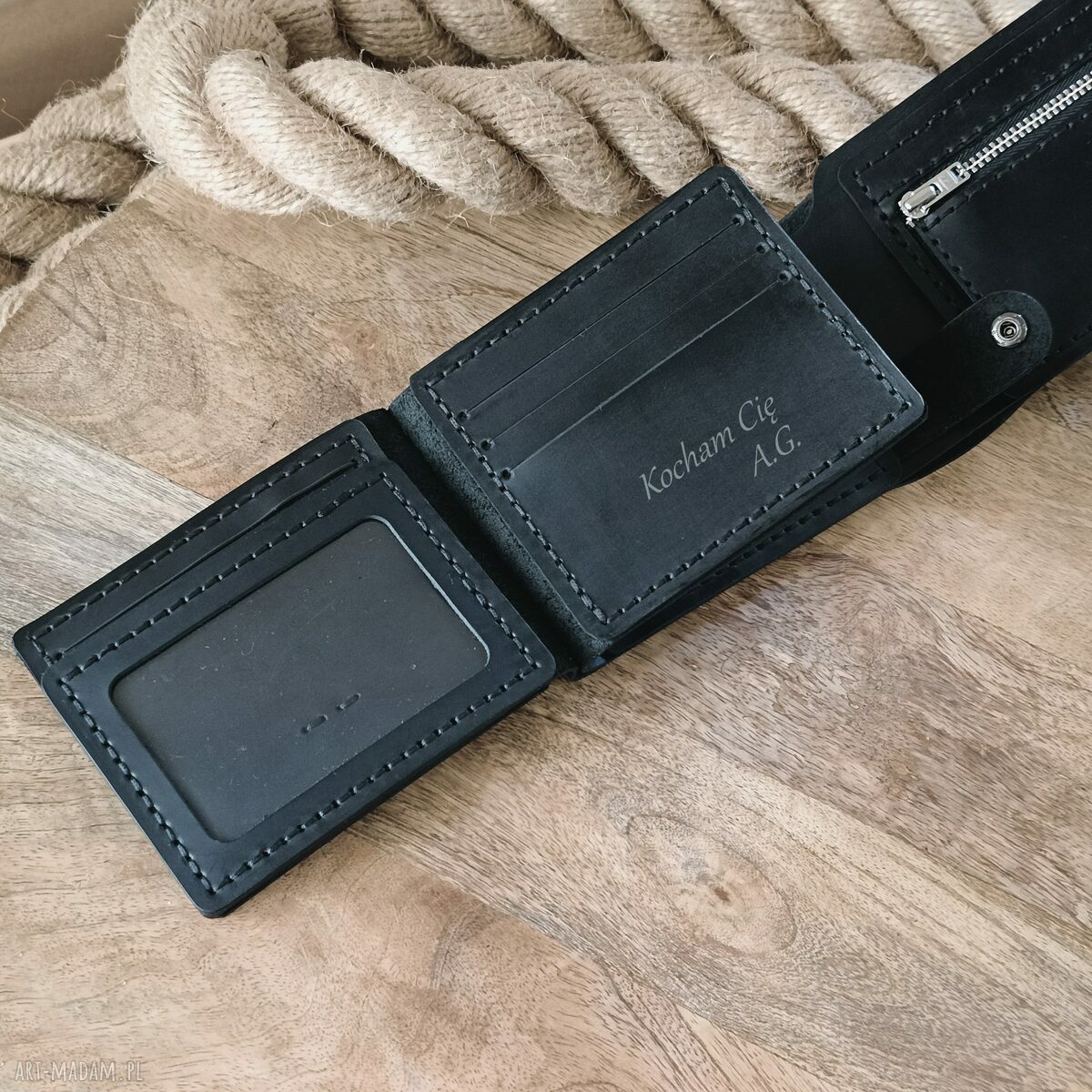 Męski skórzany portfel RFID z grawerem na 11 kart - Luniko Leather Goods