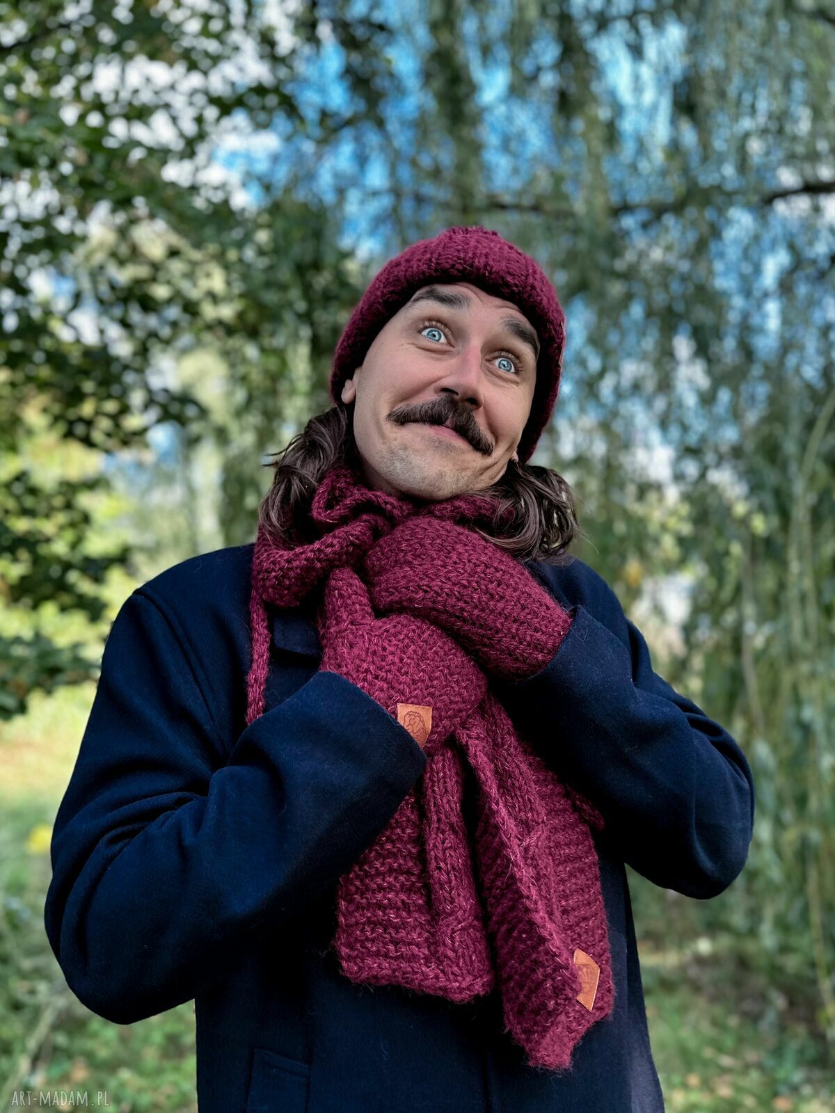 Męskie rękawiczki MERINO "Bordo" z jedwabiem i sznurkiem - ręcznie robione