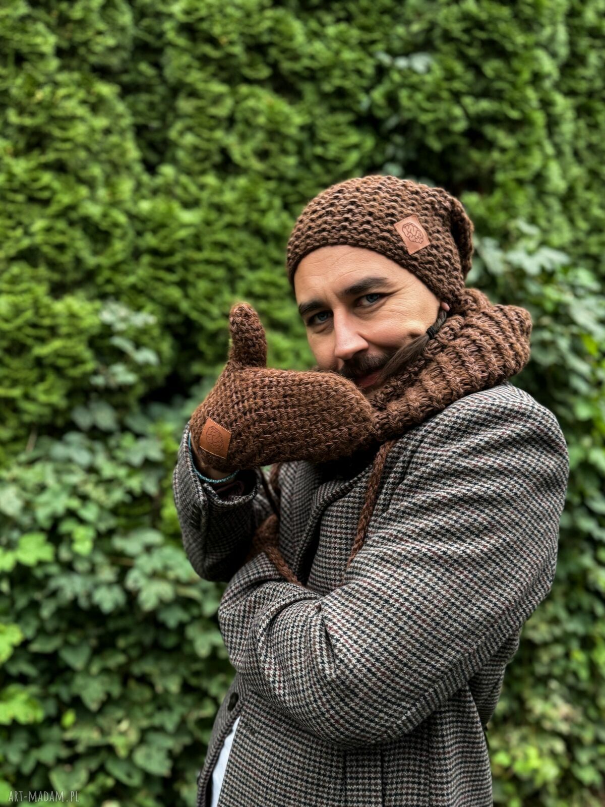 Męskie rękawiczki merino z sznurkiem w kolorze brązowym