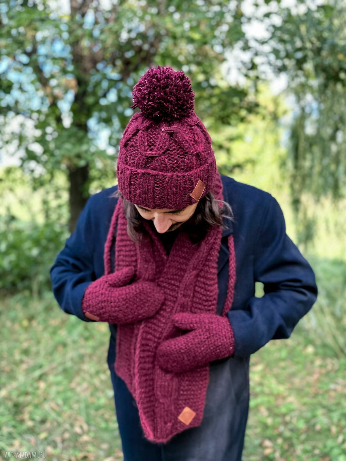 Męskie rękawiczki MERINO "Bordo" z jedwabiem i sznurkiem - ręcznie robione