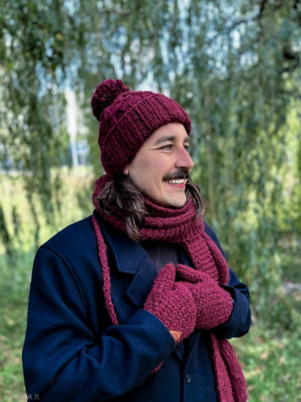 Męskie rękawiczki MERINO "Bordo" z jedwabiem i sznurkiem - ręcznie robione