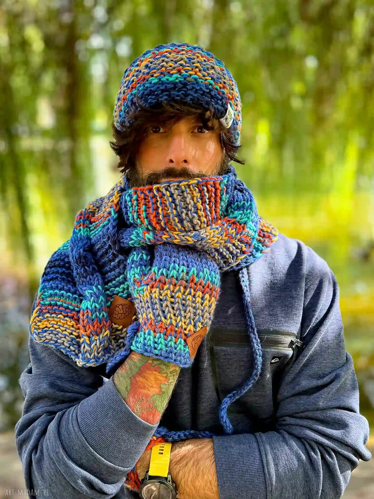 Męskie rękawiczki MERINO 50% „Górski potok” - ze sznureczkiem