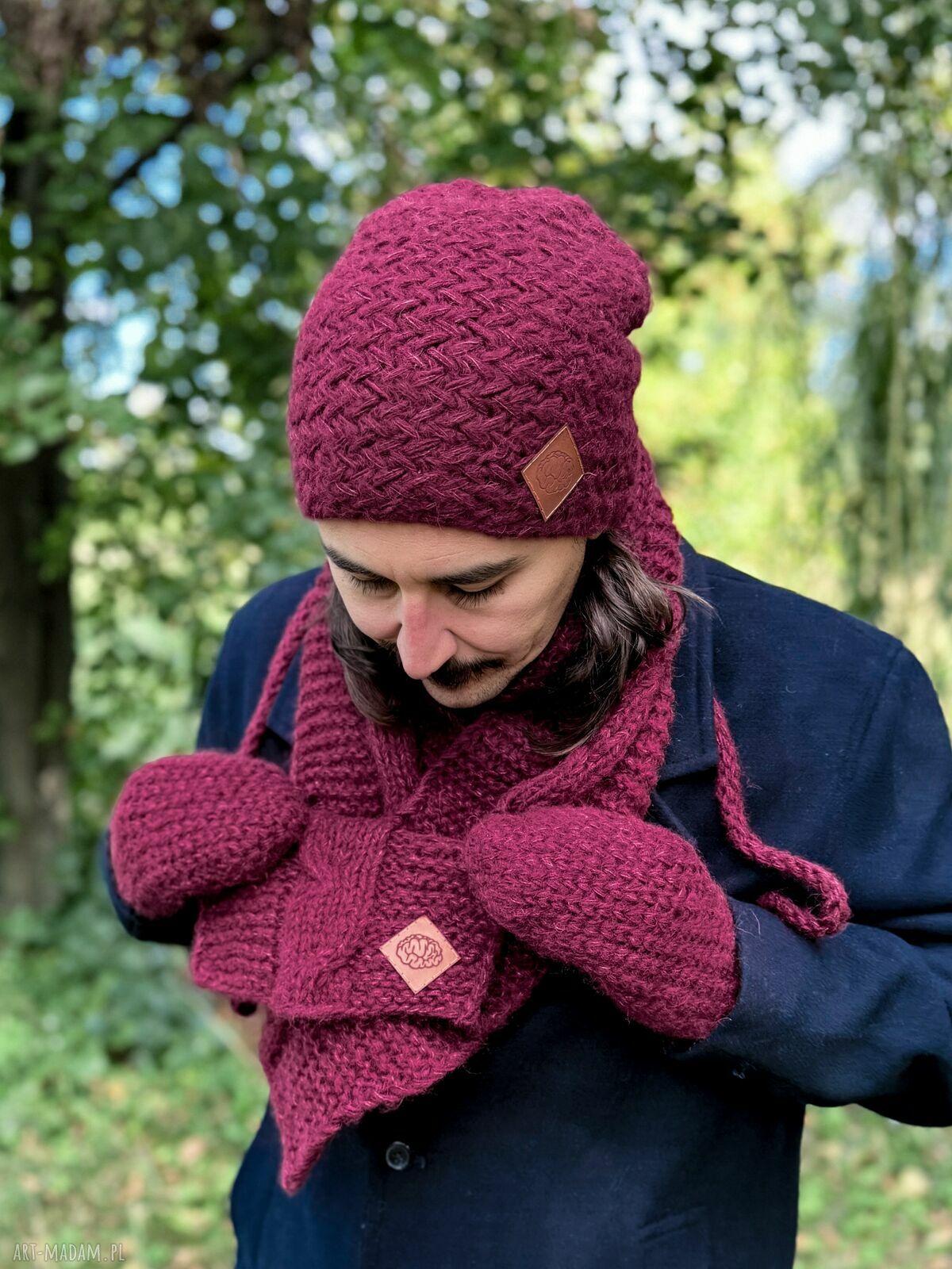 Męskie rękawiczki MERINO "Bordo" z jedwabiem i sznurkiem - ręcznie robione