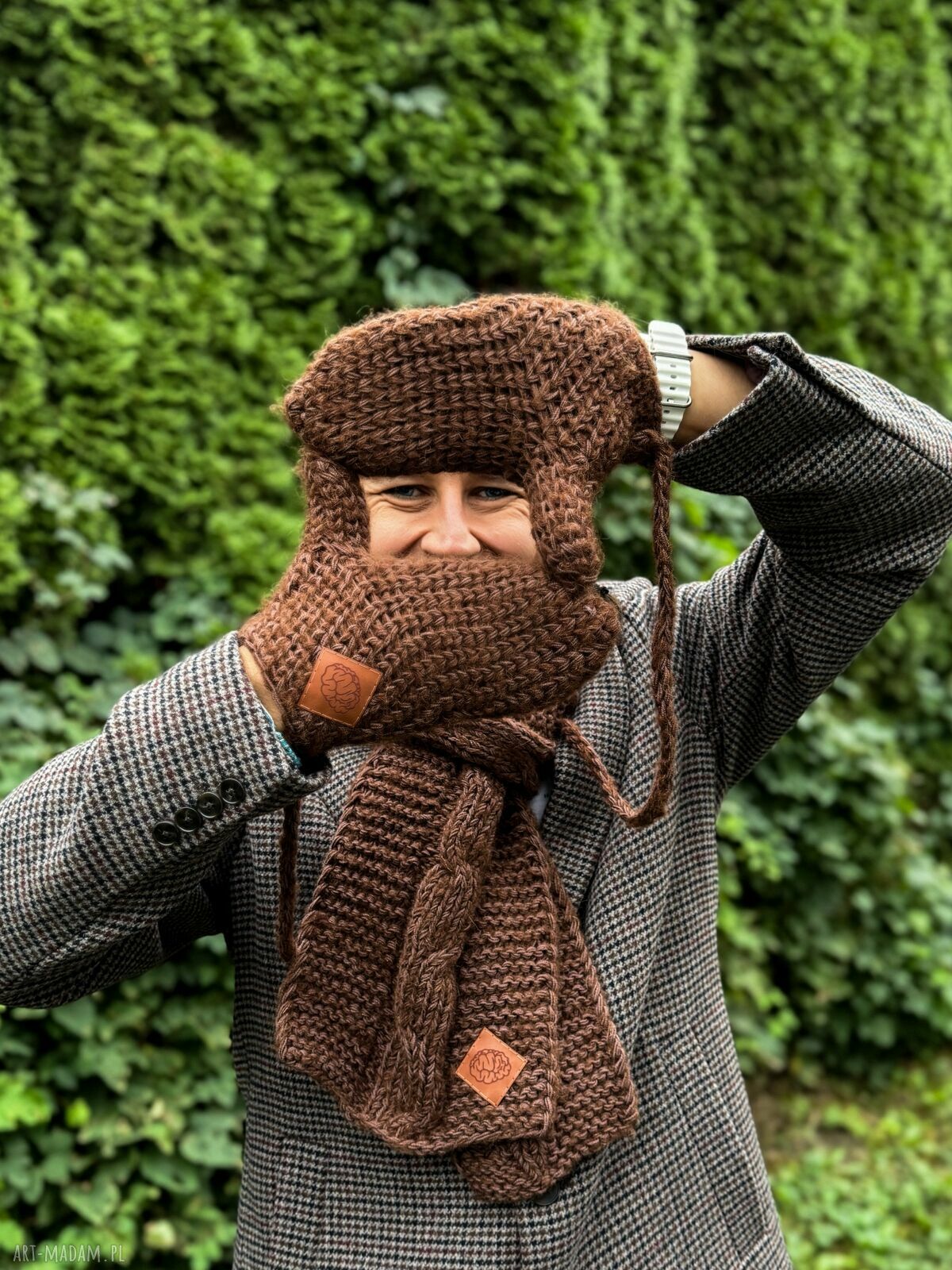 Męskie rękawiczki merino z sznurkiem w kolorze brązowym
