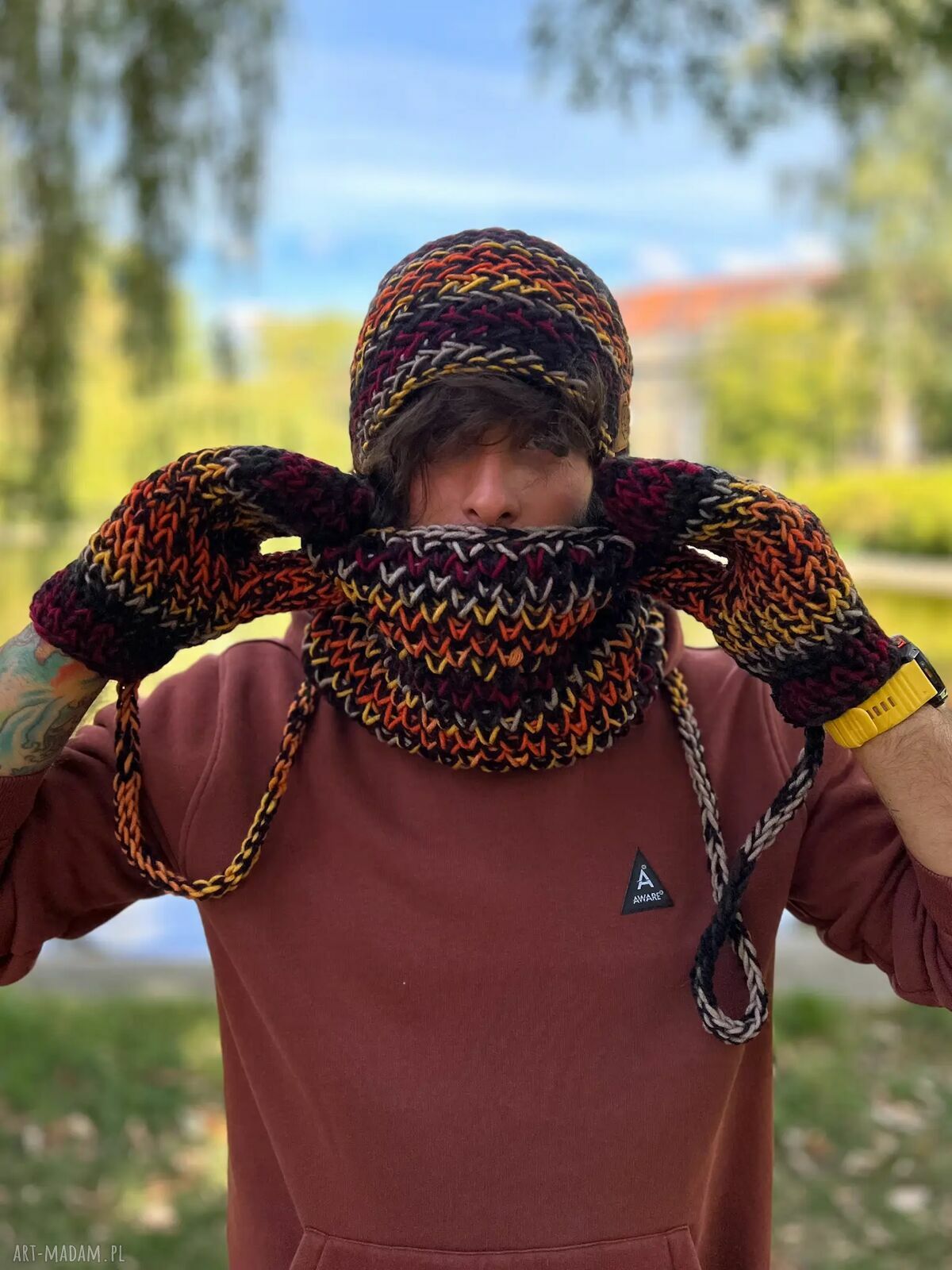 Rękawiczki merino 50% "Ciemna jesień" ze sznurkiem - handmade