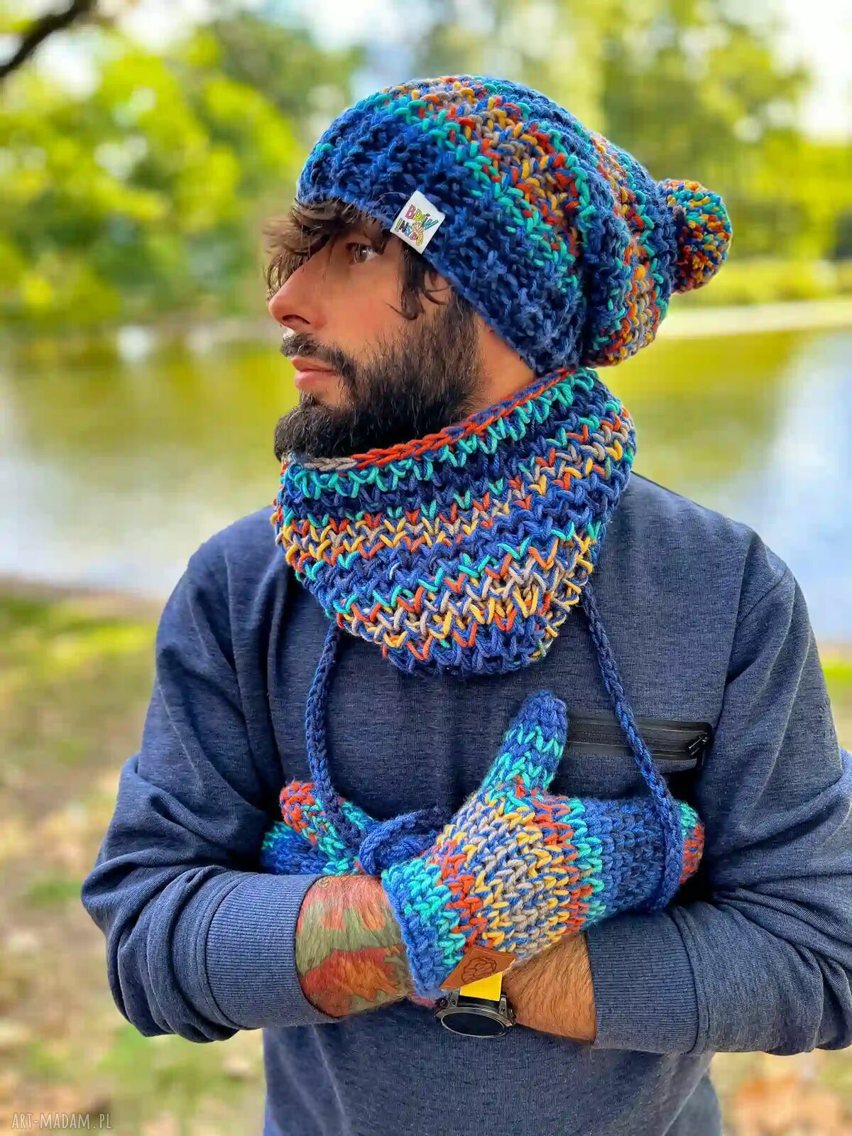 Męskie rękawiczki MERINO 50% „Górski potok” - ze sznureczkiem