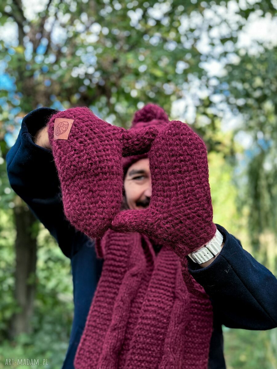 Męskie rękawiczki MERINO "Bordo" z jedwabiem i sznurkiem - ręcznie robione