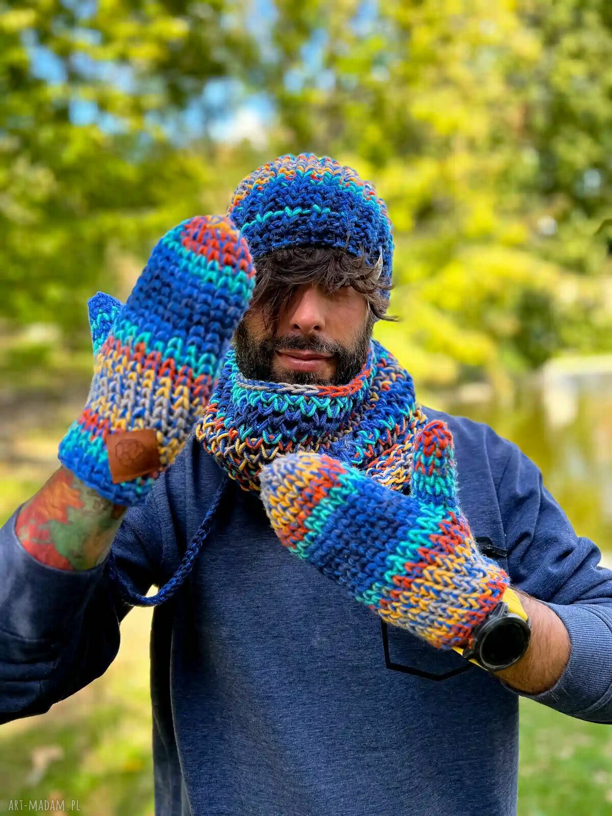 Męskie rękawiczki MERINO 50% „Górski potok” - ze sznureczkiem