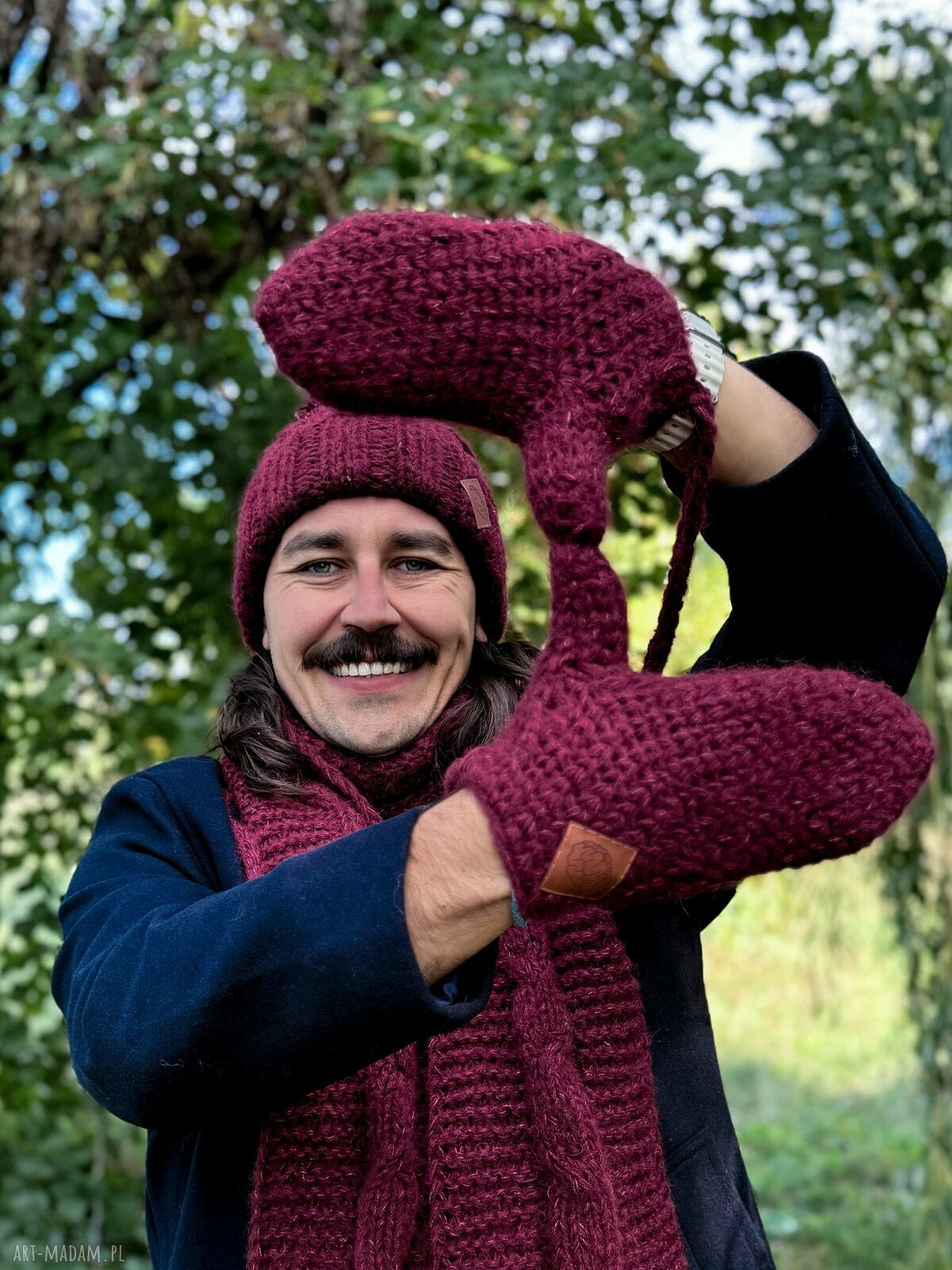 Męskie rękawiczki MERINO "Bordo" z jedwabiem i sznurkiem - ręcznie robione