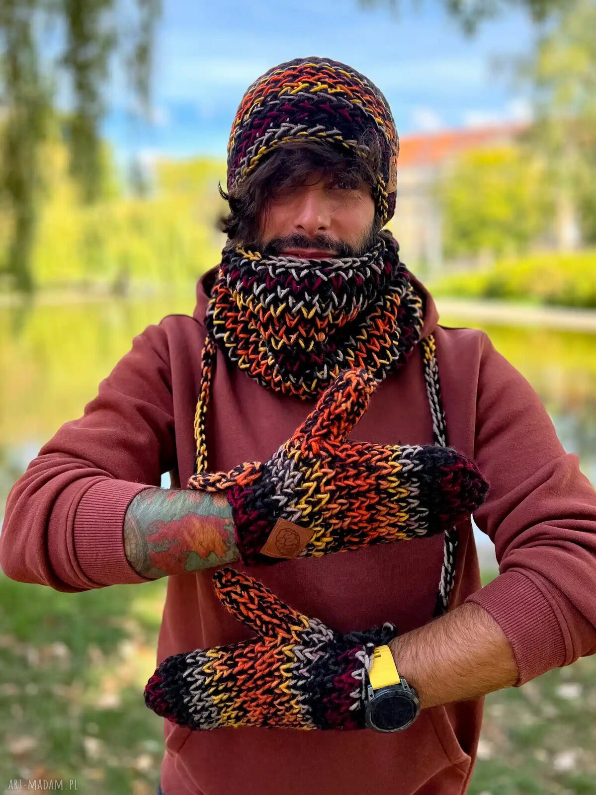 Rękawiczki merino 50% "Ciemna jesień" ze sznurkiem - handmade