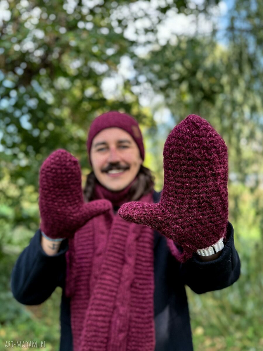 Męskie rękawiczki MERINO "Bordo" z jedwabiem i sznurkiem - ręcznie robione