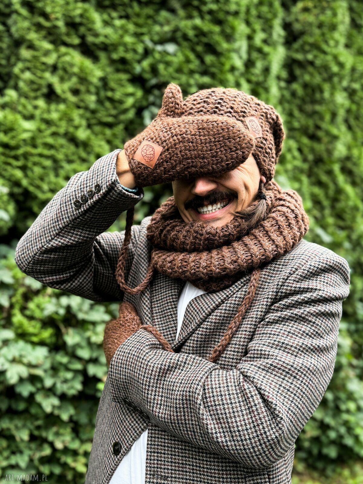 Męskie rękawiczki merino z sznurkiem w kolorze brązowym