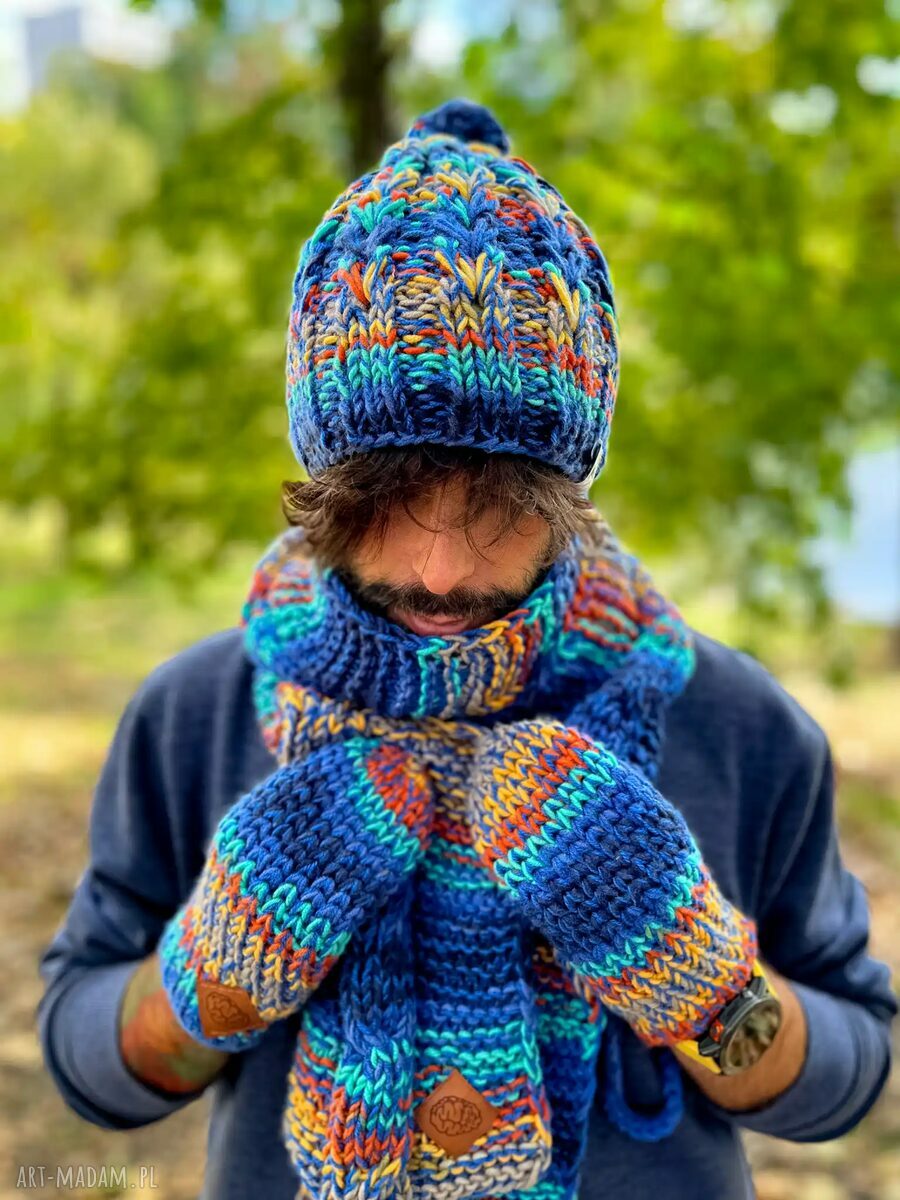 Męskie rękawiczki MERINO 50% „Górski potok” - ze sznureczkiem
