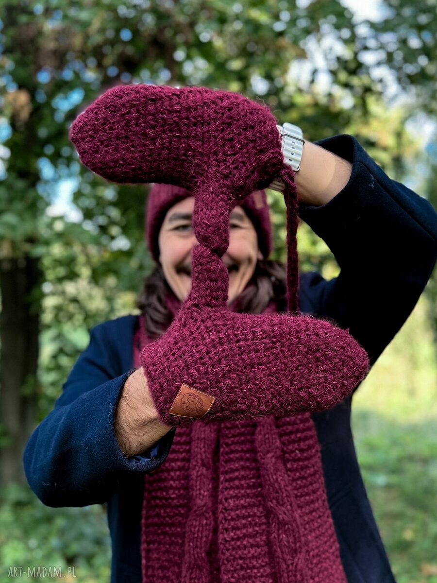 Męskie rękawiczki MERINO "Bordo" z jedwabiem i sznurkiem - ręcznie robione
