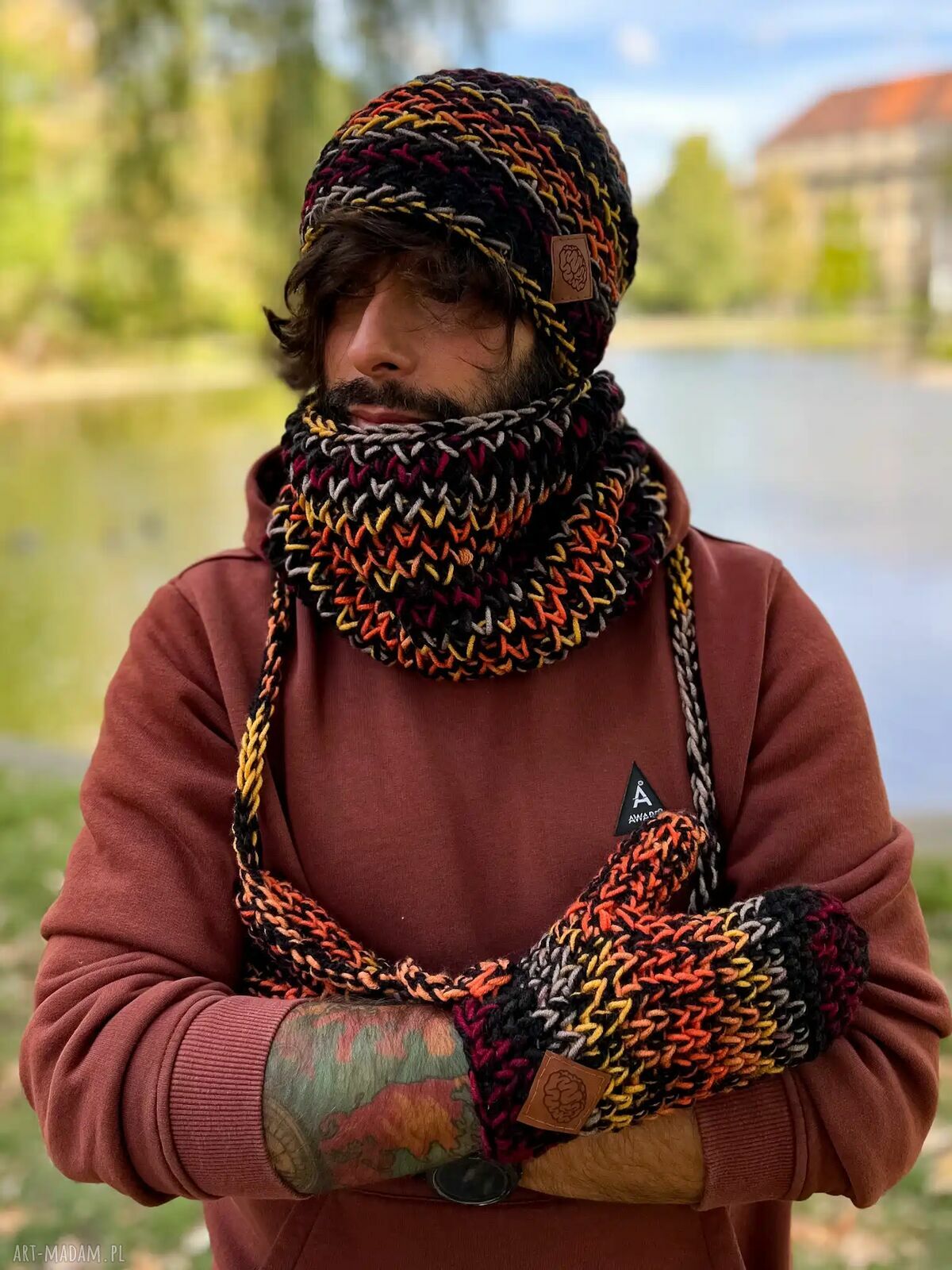 Rękawiczki merino 50% "Ciemna jesień" ze sznurkiem - handmade